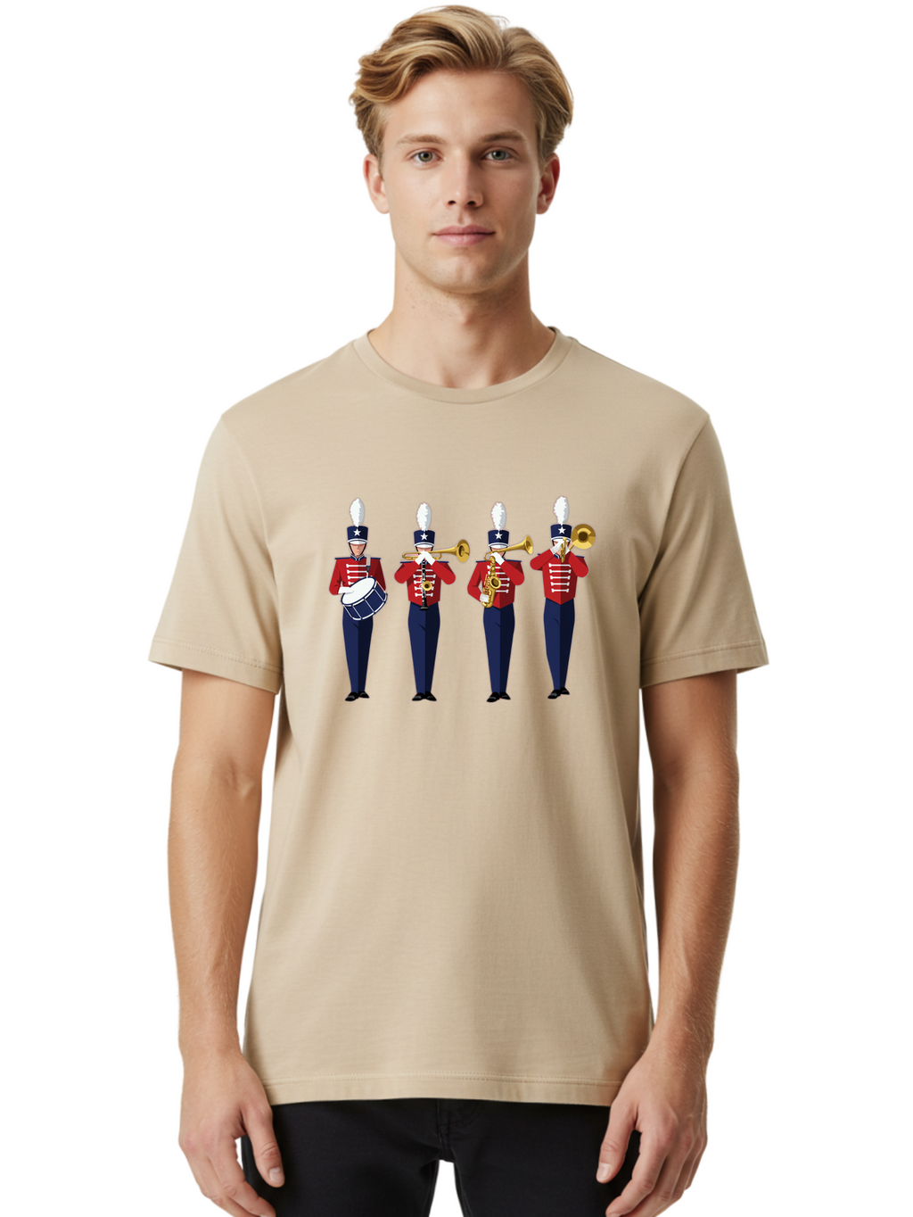 Marching-Band Men'S Graphic Tee, 100% Cotton, Comfortable Casual Summer Wear, Machine Washable, Marching Band Performers, Red Uniform, Blue Pants, White Star Hat, Playing Drum, Trumpet, Saxophone, Musical Performance, Patriotic Theme, Bad296