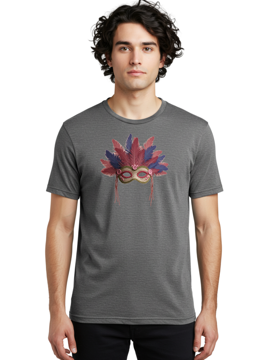 Mardi-Gras-Mask Men'S Graphic Tee, 100% Cotton, Comfortable Casual Summer Wear, Machine Washable, Vibrant Mardi Gras Mask, Red And Blue Feathers, Fancy Decoration, Festive Theme, Celebration, Colorful, Elaborate Design Bad297