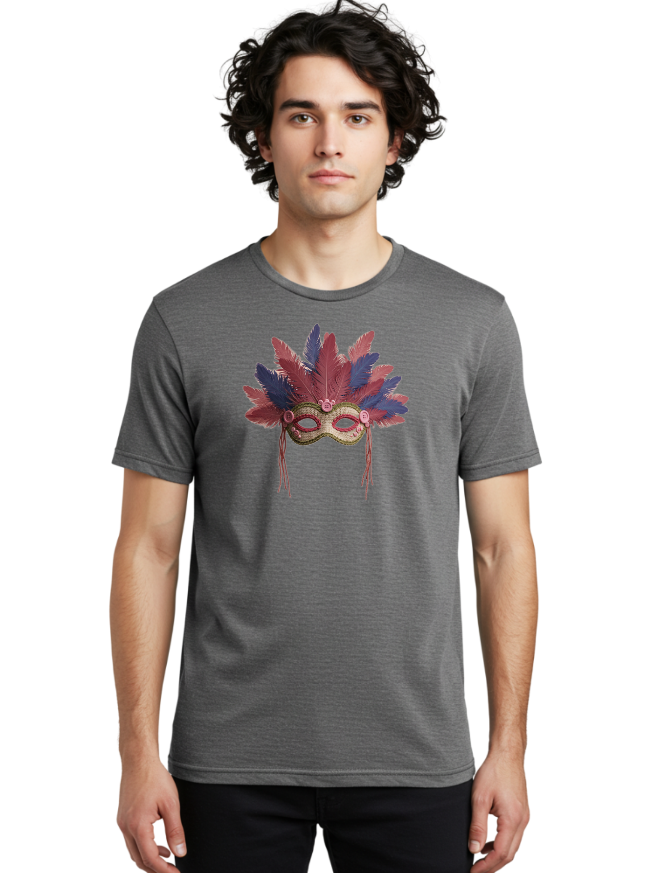 Mardi-Gras-Mask Men'S Graphic Tee, 100% Cotton, Comfortable Casual Summer Wear, Machine Washable, Vibrant Mardi Gras Mask, Red And Blue Feathers, Fancy Decoration, Festive Theme, Celebration, Colorful, Elaborate Design Bad297