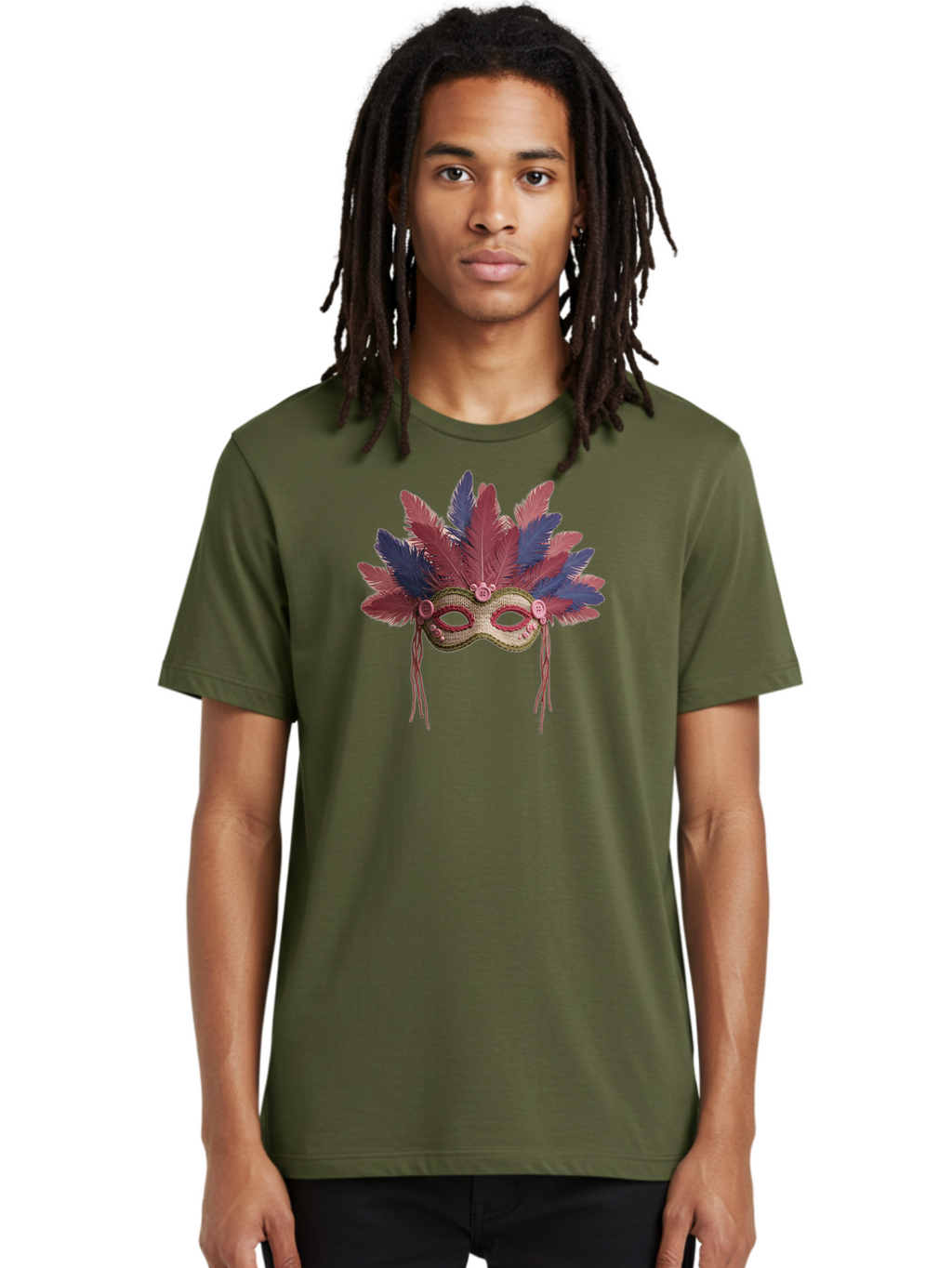 Mardi-Gras-Mask Men'S Graphic Tee, 100% Cotton, Comfortable Casual Summer Wear, Machine Washable, Vibrant Mardi Gras Mask, Red And Blue Feathers, Fancy Decoration, Festive Theme, Celebration, Colorful, Elaborate Design Bad297