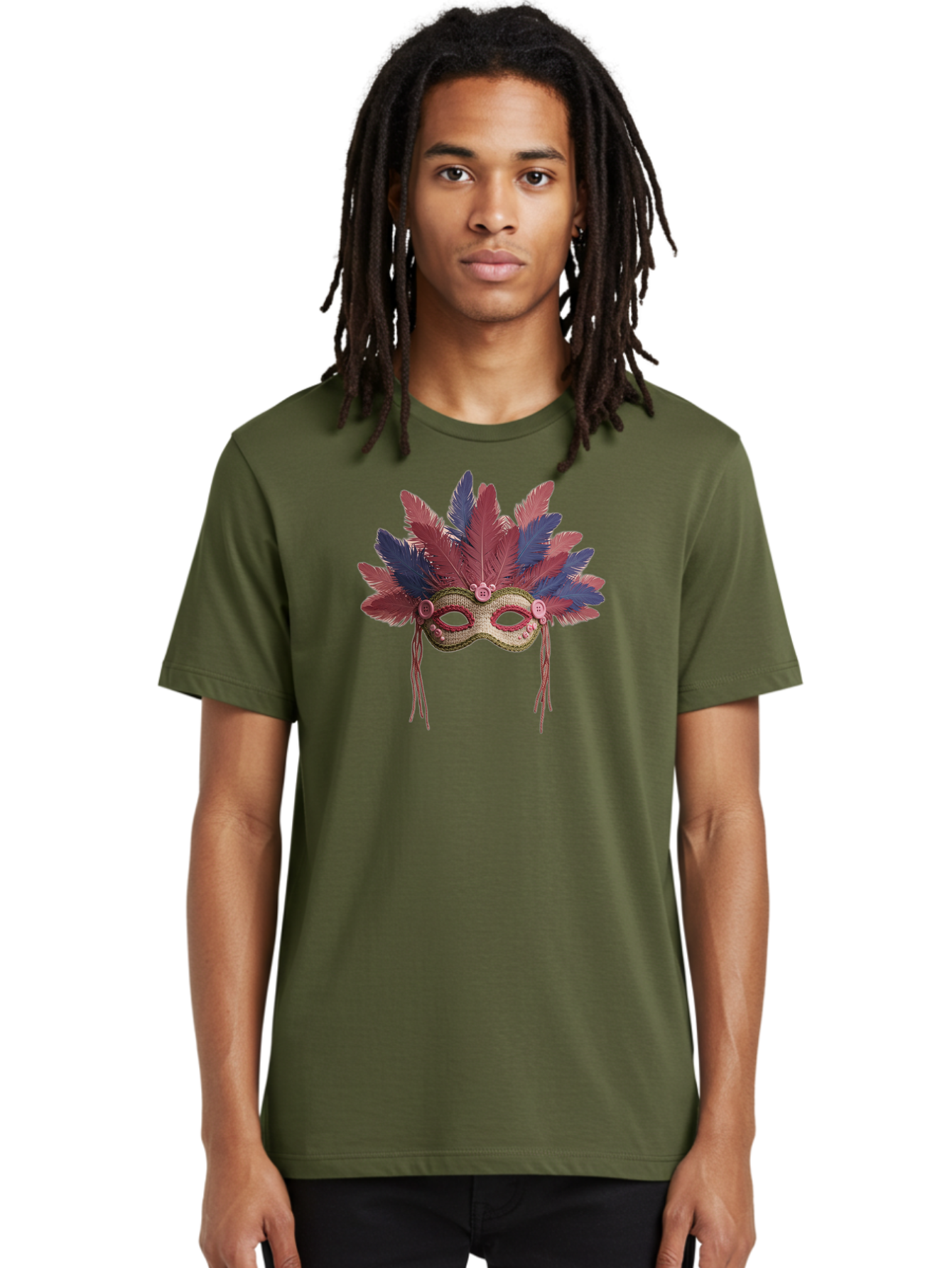 Mardi-Gras-Mask Men'S Graphic Tee, 100% Cotton, Comfortable Casual Summer Wear, Machine Washable, Vibrant Mardi Gras Mask, Red And Blue Feathers, Fancy Decoration, Festive Theme, Celebration, Colorful, Elaborate Design Bad297