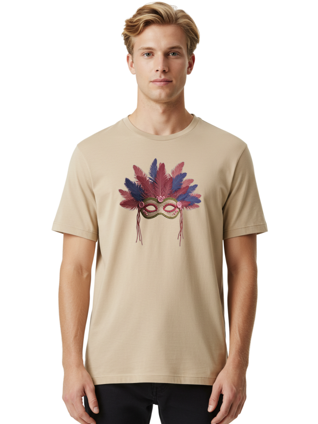 Mardi-Gras-Mask Men'S Graphic Tee, 100% Cotton, Comfortable Casual Summer Wear, Machine Washable, Vibrant Mardi Gras Mask, Red And Blue Feathers, Fancy Decoration, Festive Theme, Celebration, Colorful, Elaborate Design Bad297