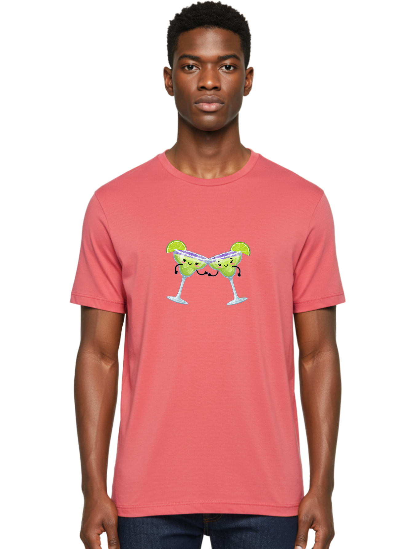 Margaritas Men'S Graphic Tee, 100% Cotton, Comfortable Casual Summer Wear, Machine Washable, Cartoon Cocktail Glasses, Margarita Glasses With Smiling Faces, Intertwined Stems, Lime Wedges, Happy Hour, Festive Drinks, Cocktail Party, Bad298