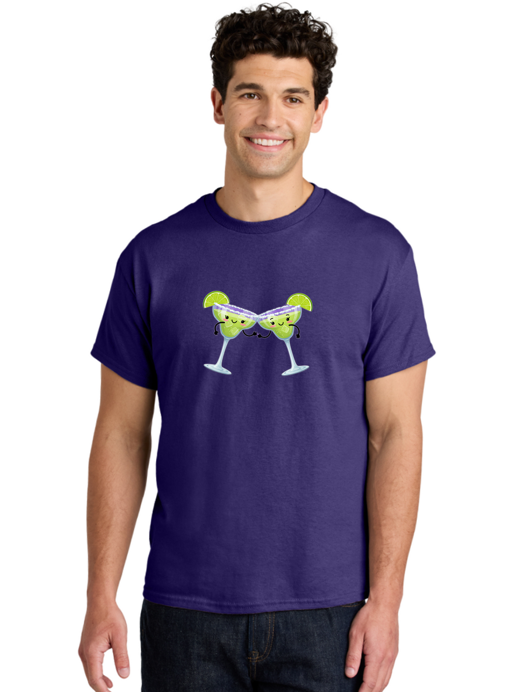 Margaritas Men'S Graphic Tee, 100% Cotton, Comfortable Casual Summer Wear, Machine Washable, Cartoon Cocktail Glasses, Margarita Glasses With Smiling Faces, Intertwined Stems, Lime Wedges, Happy Hour, Festive Drinks, Cocktail Party, Bad298