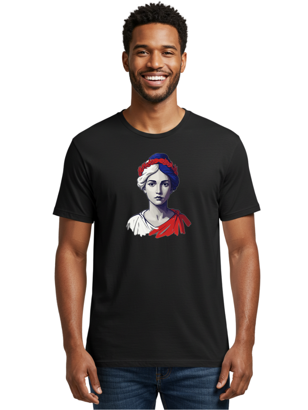 Marianne Men'S Graphic Tee, 100% Cotton, Comfortable Casual Summer Wear, Machine Washable, Woman Wearing Red Laurel Wreath, Red Ribbon, French Flag Colors, Symbolic Figure, National Personification, Liberty, French Culture, Classic Portrait, Bad299