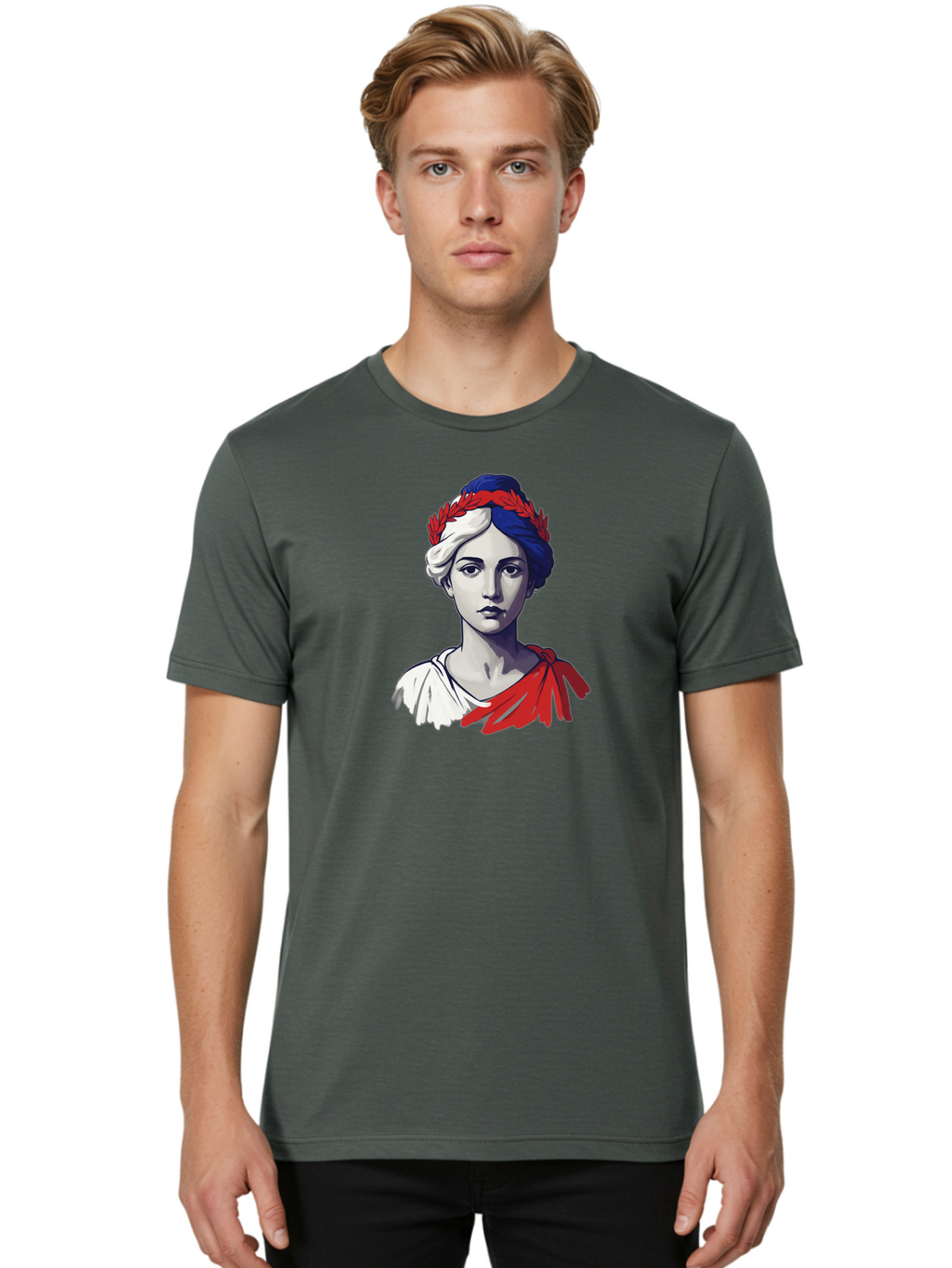 Marianne Men'S Graphic Tee, 100% Cotton, Comfortable Casual Summer Wear, Machine Washable, Woman Wearing Red Laurel Wreath, Red Ribbon, French Flag Colors, Symbolic Figure, National Personification, Liberty, French Culture, Classic Portrait, Bad299