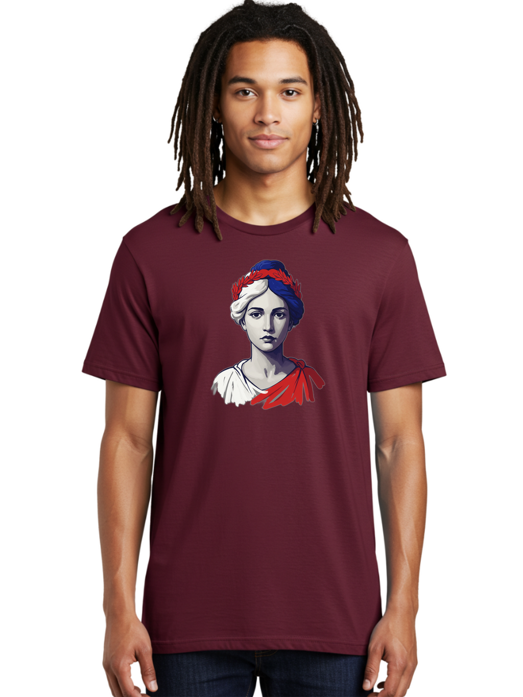Marianne Men'S Graphic Tee, 100% Cotton, Comfortable Casual Summer Wear, Machine Washable, Woman Wearing Red Laurel Wreath, Red Ribbon, French Flag Colors, Symbolic Figure, National Personification, Liberty, French Culture, Classic Portrait, Bad299