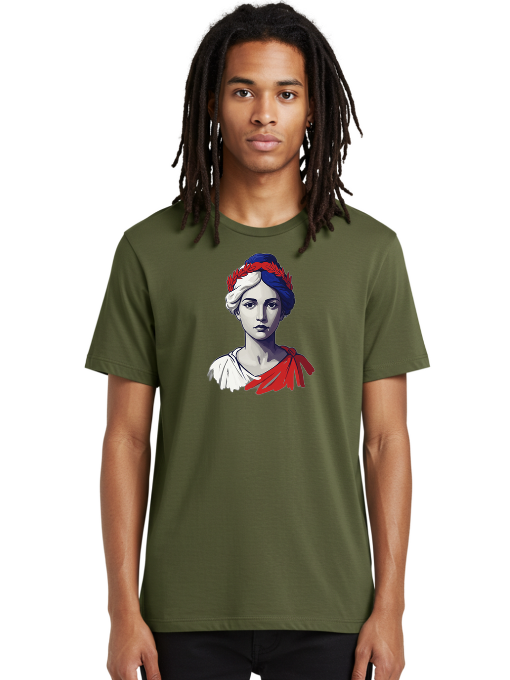 Marianne Men'S Graphic Tee, 100% Cotton, Comfortable Casual Summer Wear, Machine Washable, Woman Wearing Red Laurel Wreath, Red Ribbon, French Flag Colors, Symbolic Figure, National Personification, Liberty, French Culture, Classic Portrait, Bad299