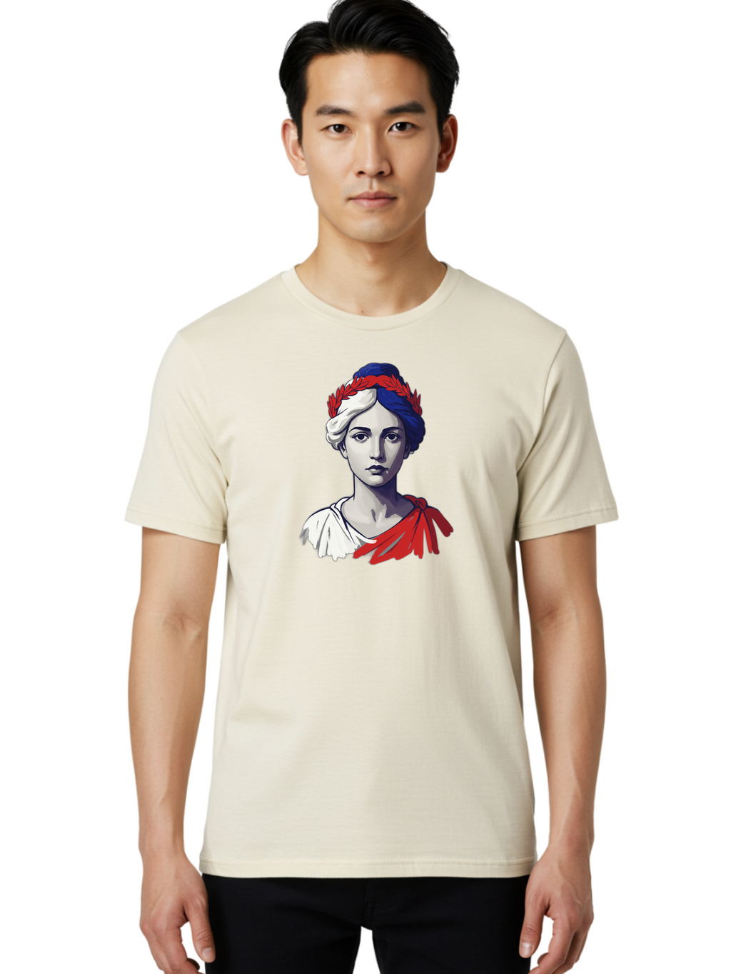 Marianne Men'S Graphic Tee, 100% Cotton, Comfortable Casual Summer Wear, Machine Washable, Woman Wearing Red Laurel Wreath, Red Ribbon, French Flag Colors, Symbolic Figure, National Personification, Liberty, French Culture, Classic Portrait, Bad299
