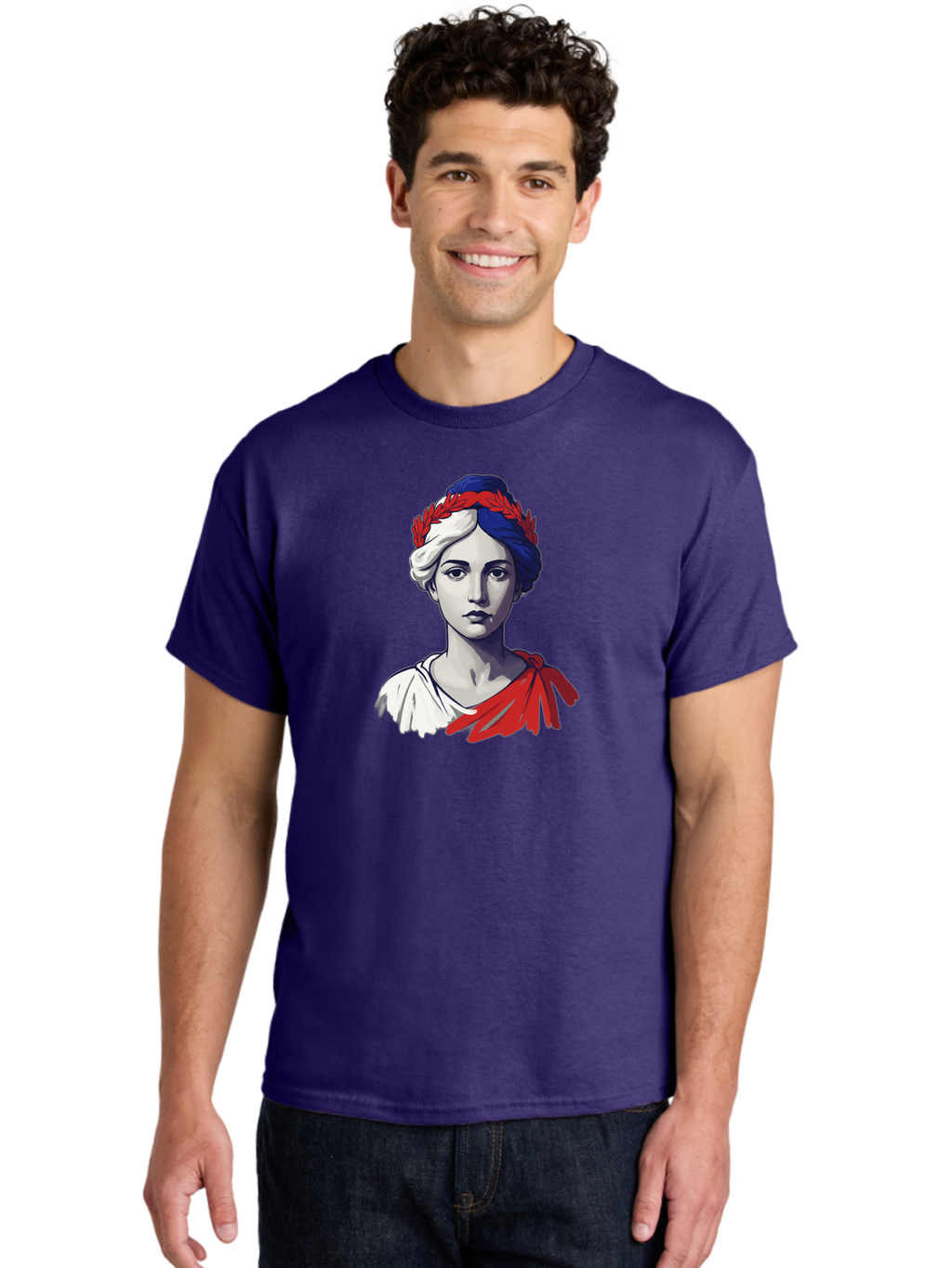 Marianne Men'S Graphic Tee, 100% Cotton, Comfortable Casual Summer Wear, Machine Washable, Woman Wearing Red Laurel Wreath, Red Ribbon, French Flag Colors, Symbolic Figure, National Personification, Liberty, French Culture, Classic Portrait, Bad299