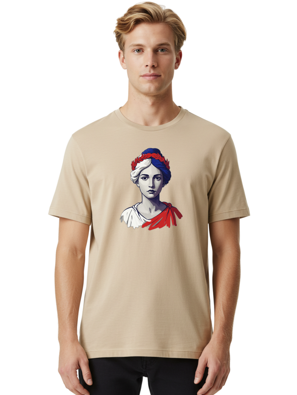 Marianne Men'S Graphic Tee, 100% Cotton, Comfortable Casual Summer Wear, Machine Washable, Woman Wearing Red Laurel Wreath, Red Ribbon, French Flag Colors, Symbolic Figure, National Personification, Liberty, French Culture, Classic Portrait, Bad299