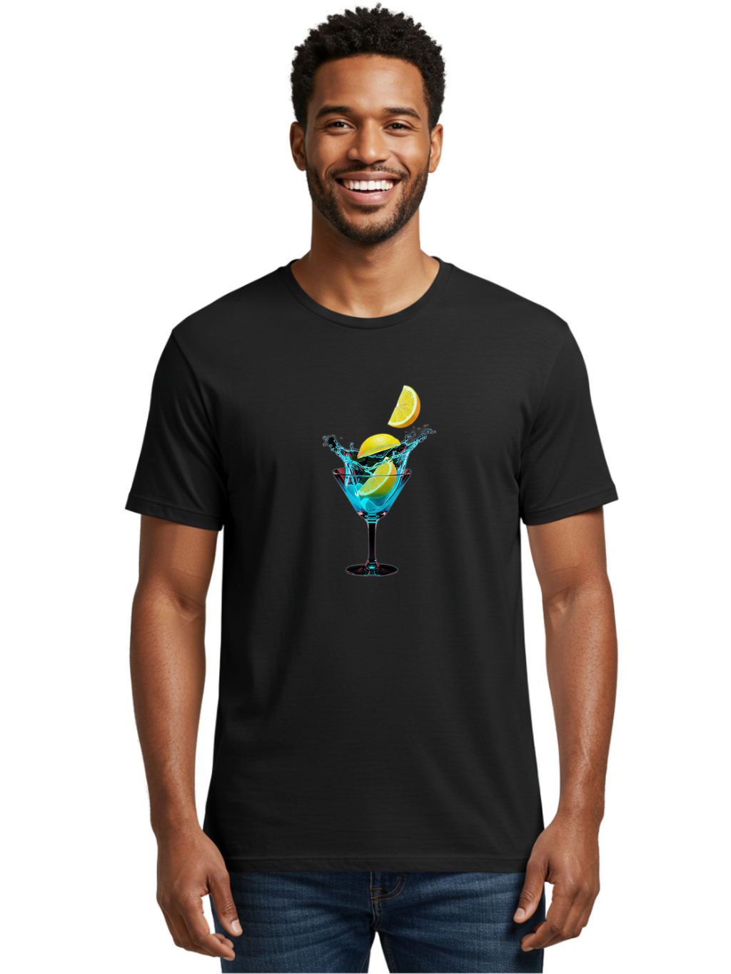 Martini-Glass-With-Lemon-Splash Men'S Graphic Tee, 100% Cotton, Comfortable Casual Summer Wear, Machine Washable, Martini Glass, Citrus Slice, Splash Effect, Refreshing Drink, Citrusy Flavor, Cocktail Hour, Citrus Twist, Blue Liquid Bad304