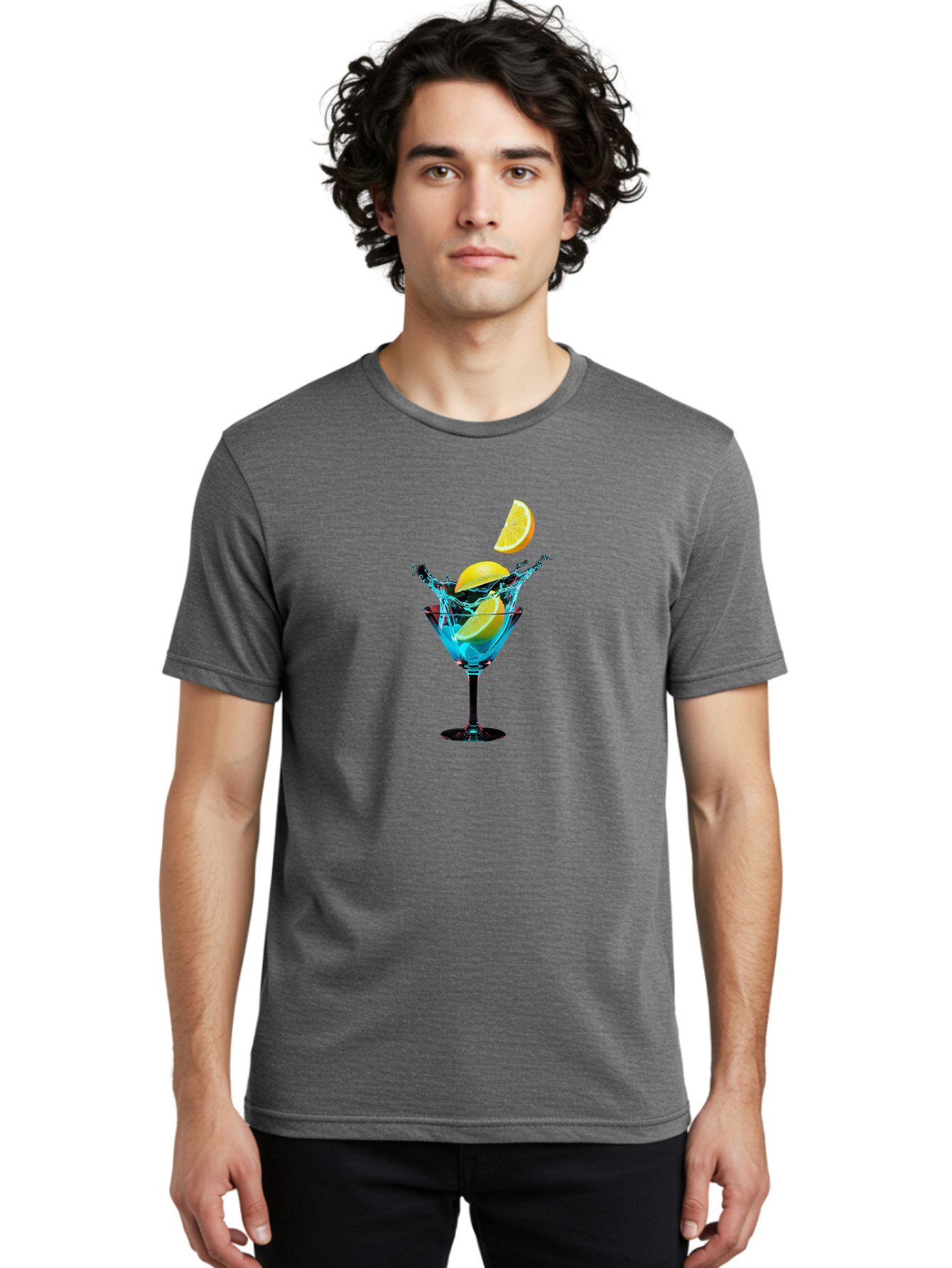 Martini-Glass-With-Lemon-Splash Men'S Graphic Tee, 100% Cotton, Comfortable Casual Summer Wear, Machine Washable, Martini Glass, Citrus Slice, Splash Effect, Refreshing Drink, Citrusy Flavor, Cocktail Hour, Citrus Twist, Blue Liquid Bad304