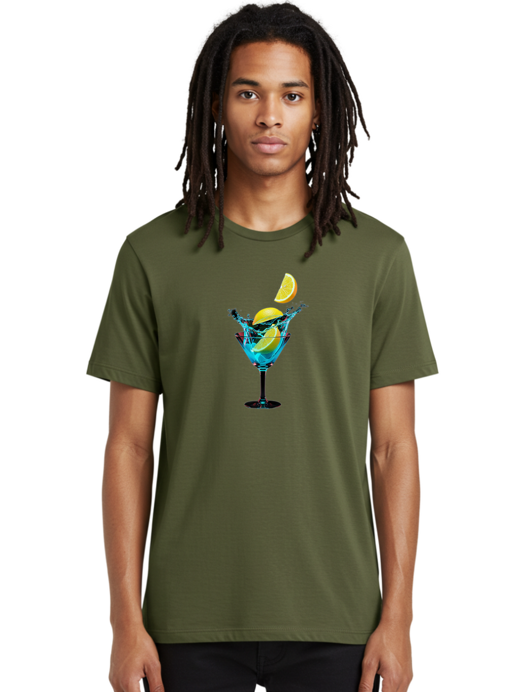 Martini-Glass-With-Lemon-Splash Men'S Graphic Tee, 100% Cotton, Comfortable Casual Summer Wear, Machine Washable, Martini Glass, Citrus Slice, Splash Effect, Refreshing Drink, Citrusy Flavor, Cocktail Hour, Citrus Twist, Blue Liquid Bad304