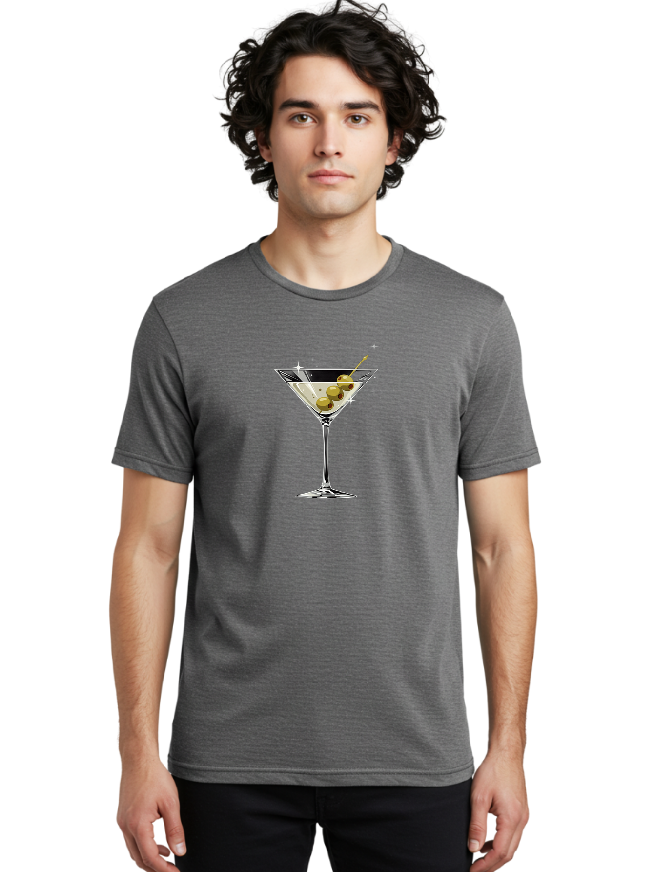 Martini-With-Olives Men'S Graphic Tee, 100% Cotton, Comfortable Casual Summer Wear, Machine Washable, Martini Cocktail, Clear Drink, Green Olives, Skewered Appetizer, Cocktail Glass, Luxury Drink, Sophisticated, Elegant, Sparkle, Glamorous Bad306