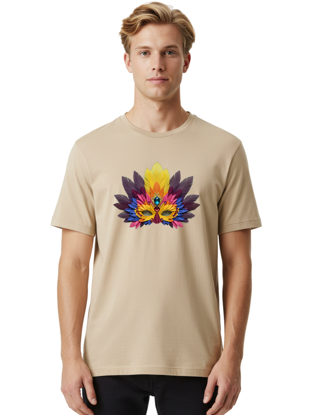 Masquerade-Mask-1 Men'S Graphic Tee, 100% Cotton, Comfortable Casual Summer Wear, Machine Washable, Feathered Mask, Vibrant Colors, Colorful Feathers, Gemstone Decoration, Elegant Design, Mardi Gras, Carnival Mask, Festive Accessory, Bad307