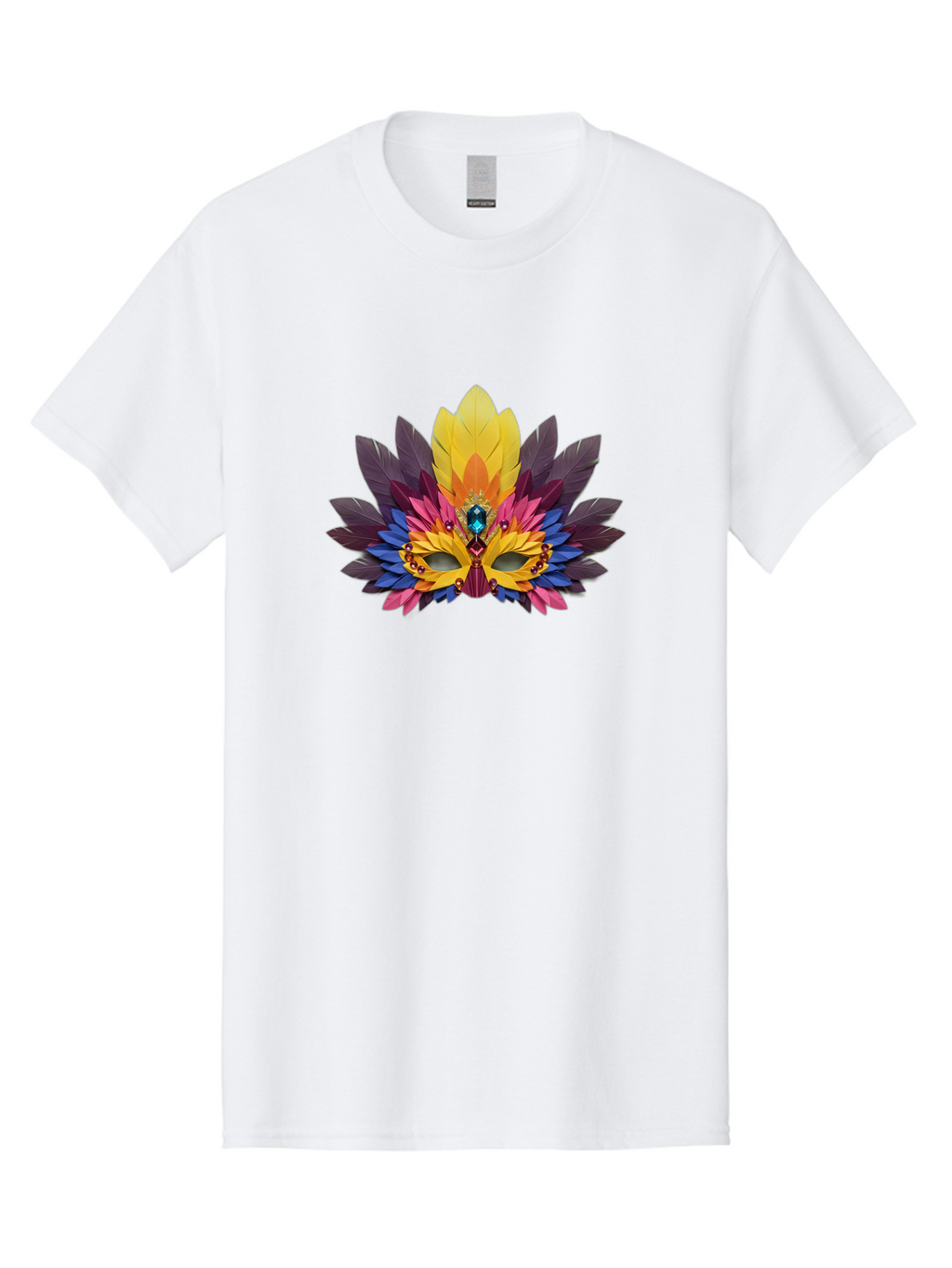 Masquerade-Mask-1 Men'S Graphic Tee, 100% Cotton, Comfortable Casual Summer Wear, Machine Washable, Feathered Mask, Vibrant Colors, Colorful Feathers, Gemstone Decoration, Elegant Design, Mardi Gras, Carnival Mask, Festive Accessory, Bad307
