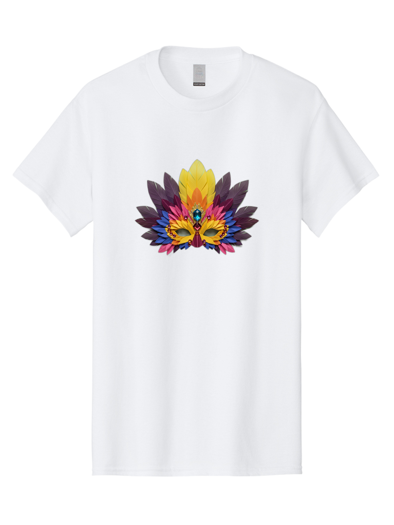 Masquerade-Mask-1 Men'S Graphic Tee, 100% Cotton, Comfortable Casual Summer Wear, Machine Washable, Feathered Mask, Vibrant Colors, Colorful Feathers, Gemstone Decoration, Elegant Design, Mardi Gras, Carnival Mask, Festive Accessory, Bad307