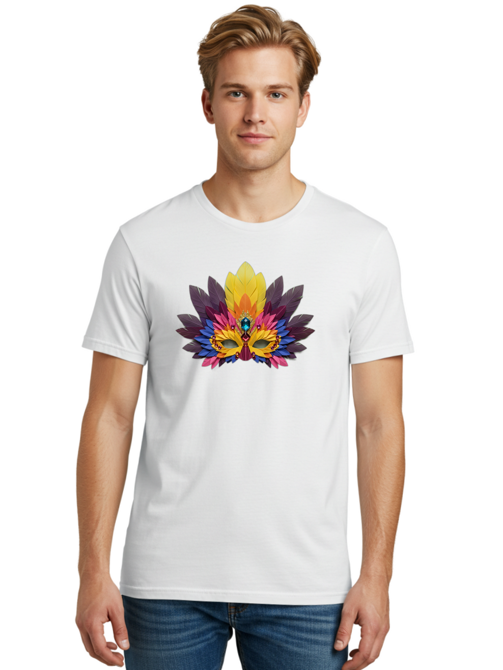 Masquerade-Mask-1 Men'S Graphic Tee, 100% Cotton, Comfortable Casual Summer Wear, Machine Washable, Feathered Mask, Vibrant Colors, Colorful Feathers, Gemstone Decoration, Elegant Design, Mardi Gras, Carnival Mask, Festive Accessory, Bad307