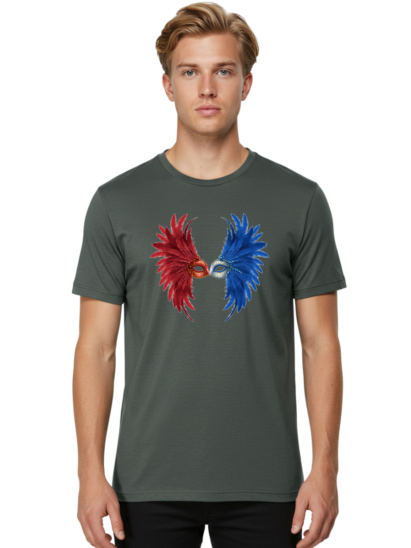 Masquerade-Masks Men'S Graphic Tee, 100% Cotton, Comfortable Casual Summer Wear, Machine Washable, Masquerade Masks, Red And Blue Feathers, Decorative Mask, Kiss, Carnival Celebration, Festive Atmosphere, Party Accessories, Costume Jewelry, Bad309