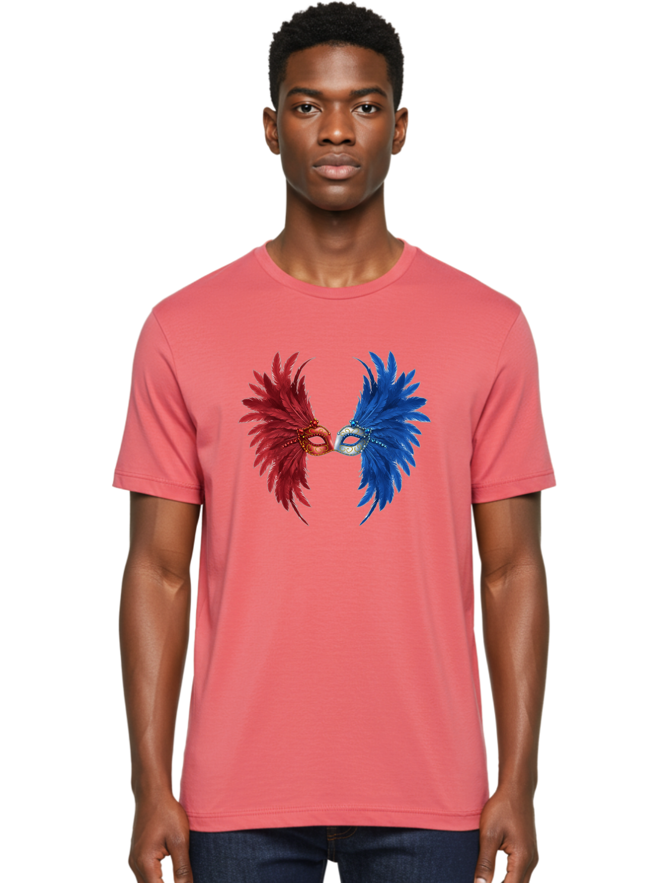 Masquerade-Masks Men'S Graphic Tee, 100% Cotton, Comfortable Casual Summer Wear, Machine Washable, Masquerade Masks, Red And Blue Feathers, Decorative Mask, Kiss, Carnival Celebration, Festive Atmosphere, Party Accessories, Costume Jewelry, Bad309