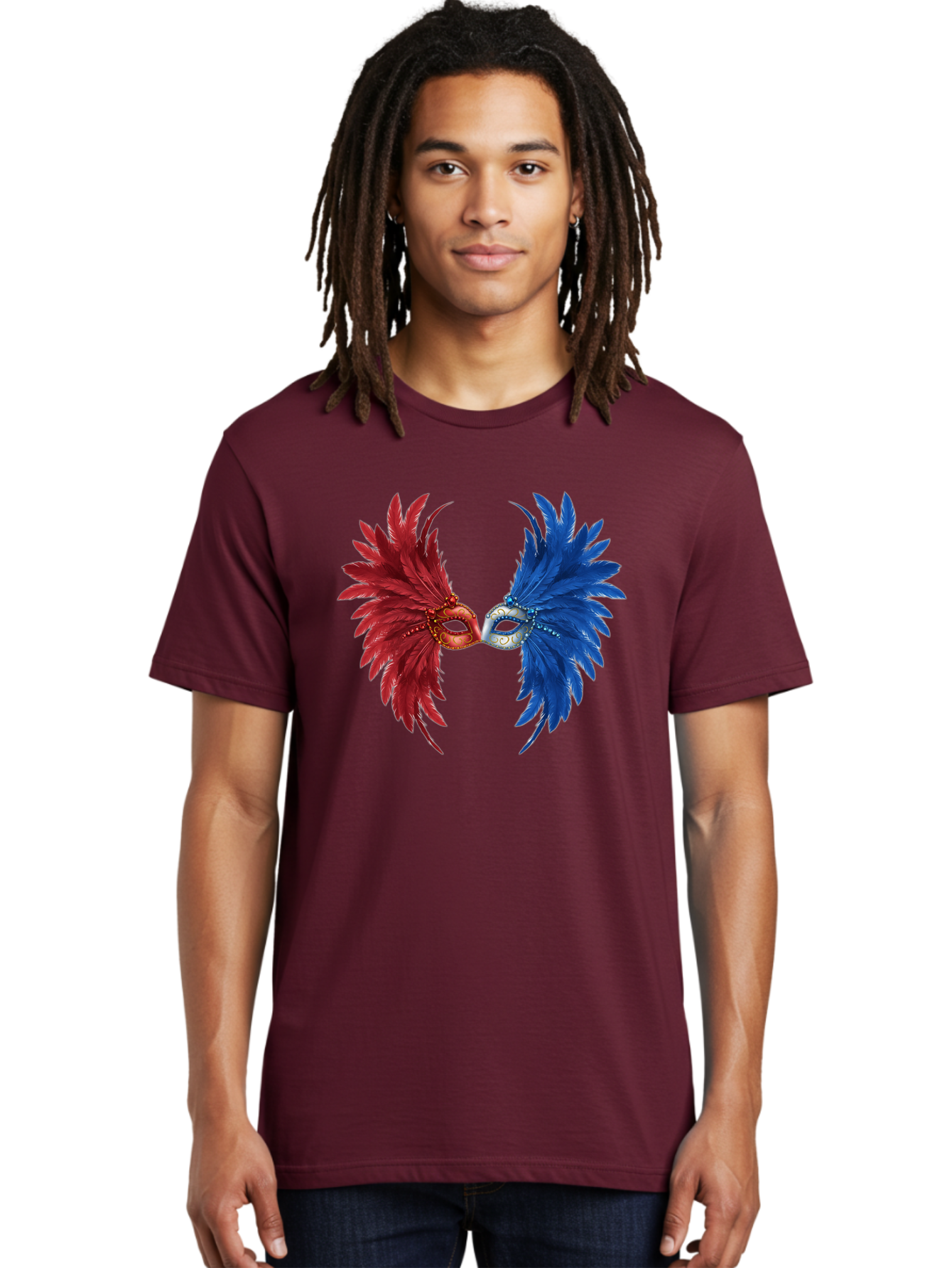 Masquerade-Masks Men'S Graphic Tee, 100% Cotton, Comfortable Casual Summer Wear, Machine Washable, Masquerade Masks, Red And Blue Feathers, Decorative Mask, Kiss, Carnival Celebration, Festive Atmosphere, Party Accessories, Costume Jewelry, Bad309