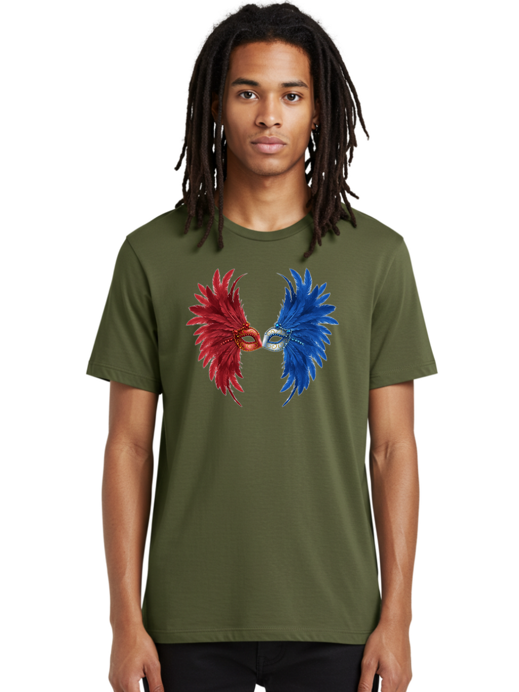 Masquerade-Masks Men'S Graphic Tee, 100% Cotton, Comfortable Casual Summer Wear, Machine Washable, Masquerade Masks, Red And Blue Feathers, Decorative Mask, Kiss, Carnival Celebration, Festive Atmosphere, Party Accessories, Costume Jewelry, Bad309