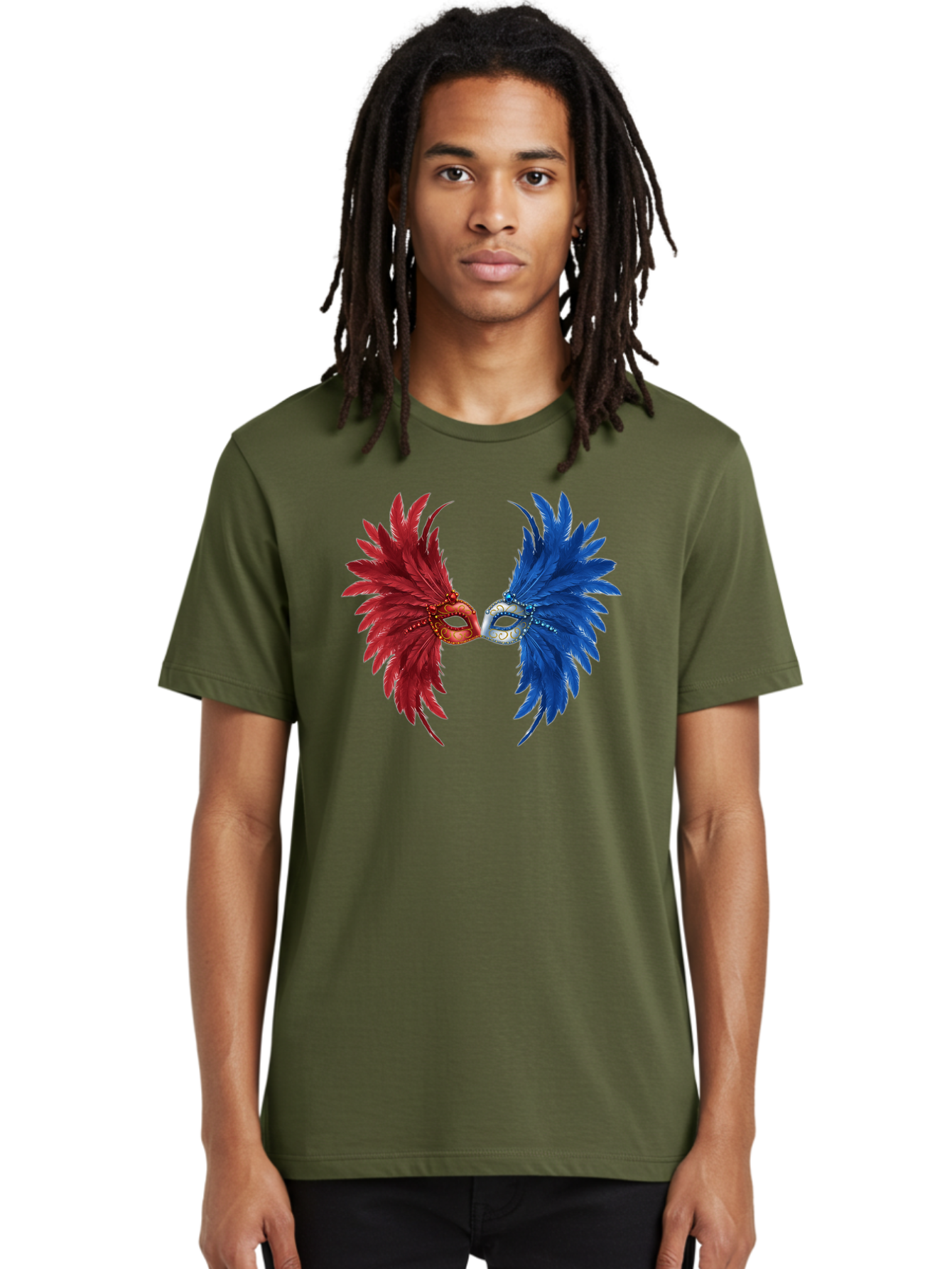 Masquerade-Masks Men'S Graphic Tee, 100% Cotton, Comfortable Casual Summer Wear, Machine Washable, Masquerade Masks, Red And Blue Feathers, Decorative Mask, Kiss, Carnival Celebration, Festive Atmosphere, Party Accessories, Costume Jewelry, Bad309