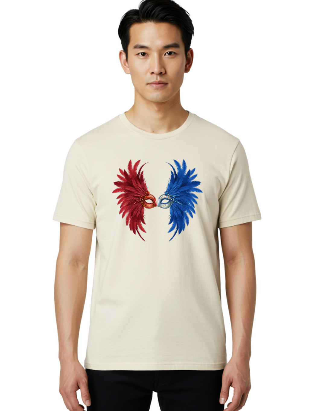 Masquerade-Masks Men'S Graphic Tee, 100% Cotton, Comfortable Casual Summer Wear, Machine Washable, Masquerade Masks, Red And Blue Feathers, Decorative Mask, Kiss, Carnival Celebration, Festive Atmosphere, Party Accessories, Costume Jewelry, Bad309