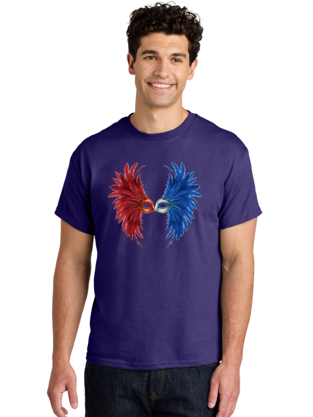 Masquerade-Masks Men'S Graphic Tee, 100% Cotton, Comfortable Casual Summer Wear, Machine Washable, Masquerade Masks, Red And Blue Feathers, Decorative Mask, Kiss, Carnival Celebration, Festive Atmosphere, Party Accessories, Costume Jewelry, Bad309