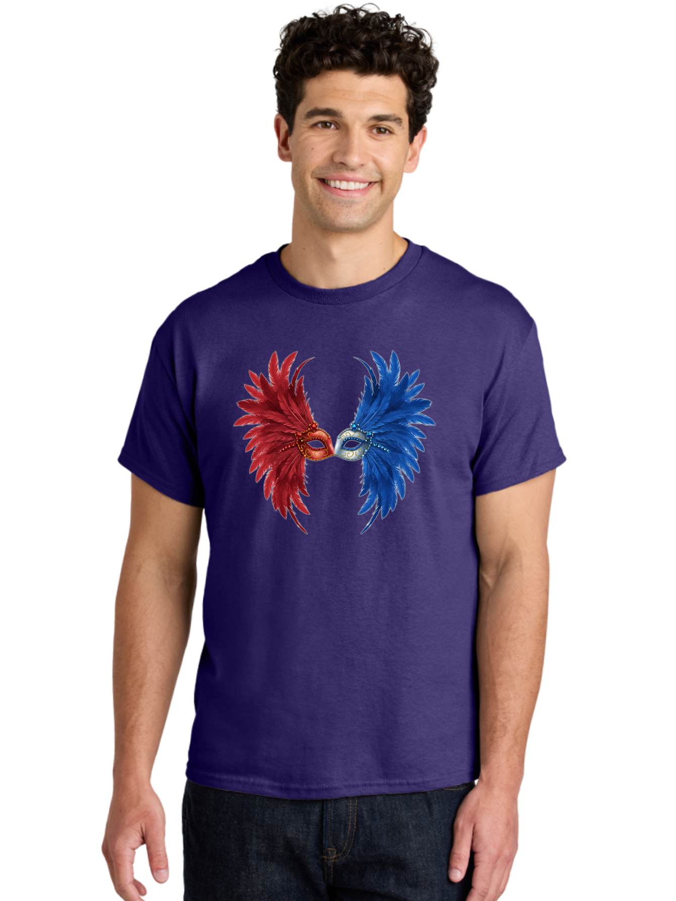 Masquerade-Masks Men'S Graphic Tee, 100% Cotton, Comfortable Casual Summer Wear, Machine Washable, Masquerade Masks, Red And Blue Feathers, Decorative Mask, Kiss, Carnival Celebration, Festive Atmosphere, Party Accessories, Costume Jewelry, Bad309