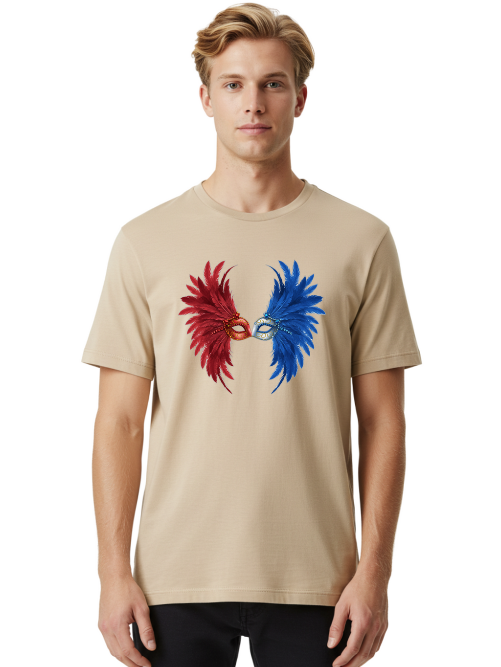 Masquerade-Masks Men'S Graphic Tee, 100% Cotton, Comfortable Casual Summer Wear, Machine Washable, Masquerade Masks, Red And Blue Feathers, Decorative Mask, Kiss, Carnival Celebration, Festive Atmosphere, Party Accessories, Costume Jewelry, Bad309