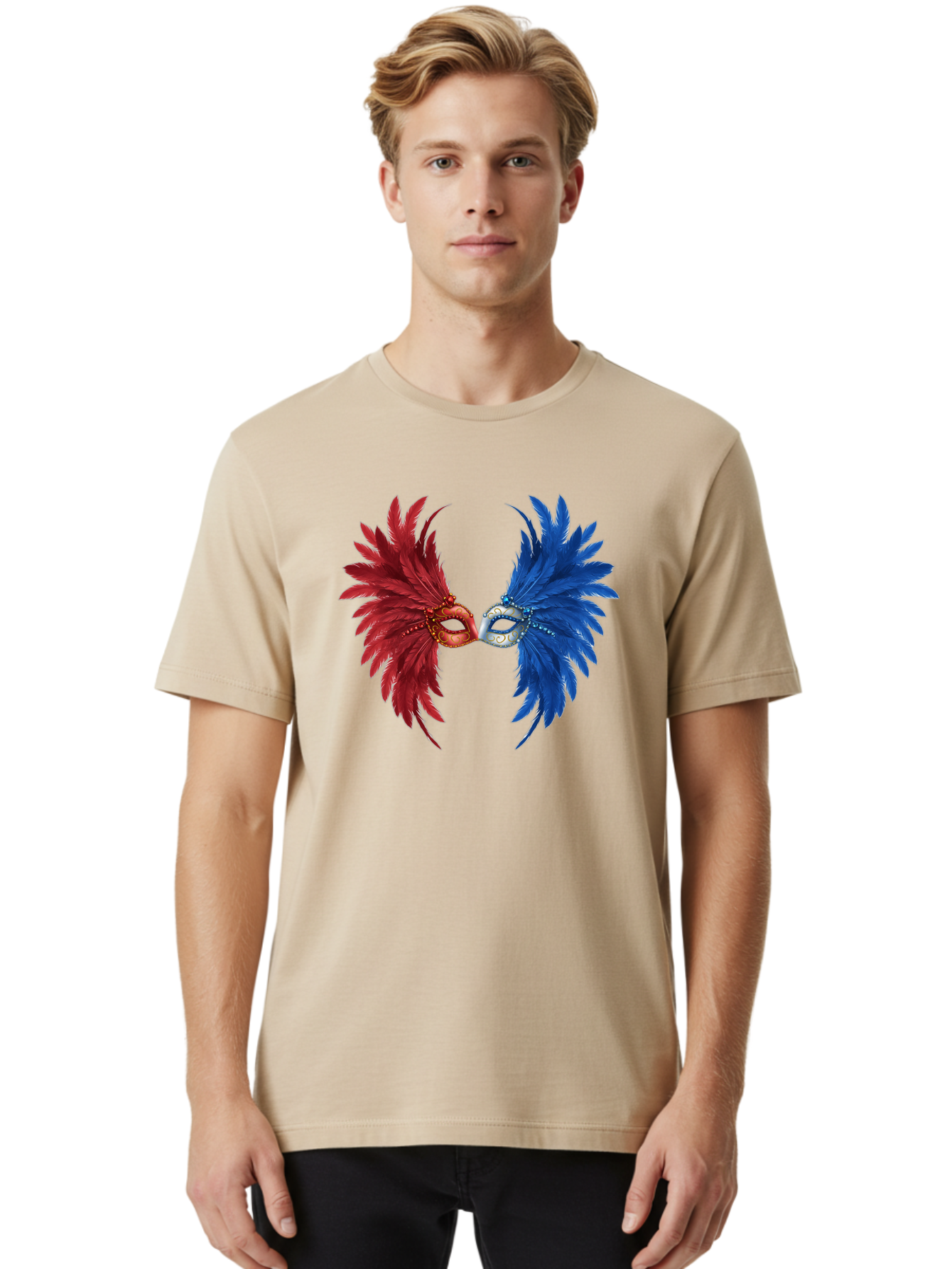 Masquerade-Masks Men'S Graphic Tee, 100% Cotton, Comfortable Casual Summer Wear, Machine Washable, Masquerade Masks, Red And Blue Feathers, Decorative Mask, Kiss, Carnival Celebration, Festive Atmosphere, Party Accessories, Costume Jewelry, Bad309