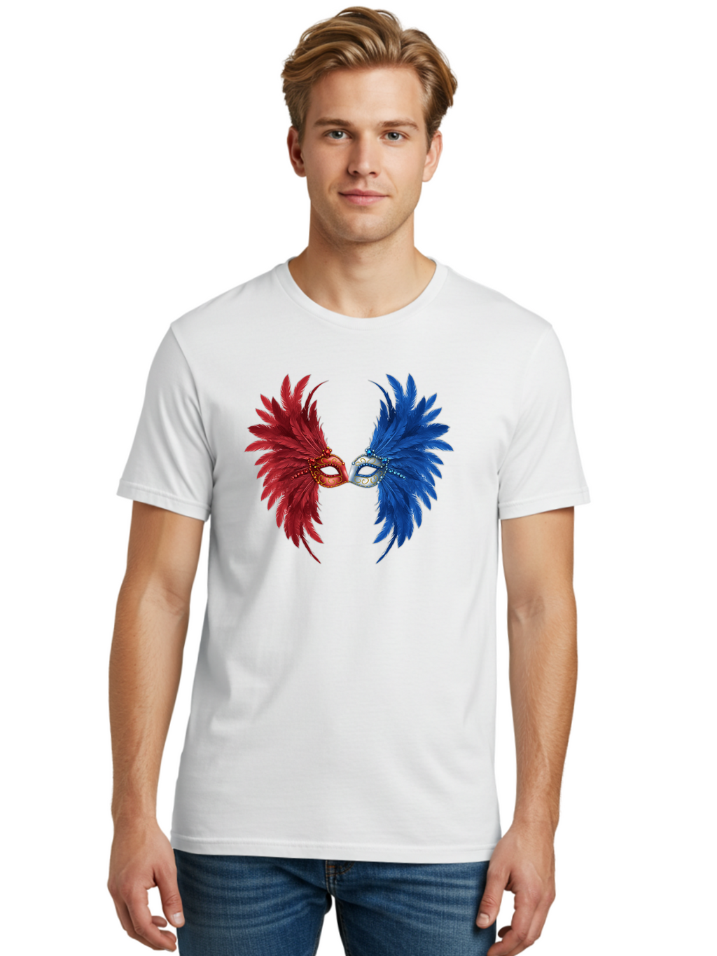Masquerade-Masks Men'S Graphic Tee, 100% Cotton, Comfortable Casual Summer Wear, Machine Washable, Masquerade Masks, Red And Blue Feathers, Decorative Mask, Kiss, Carnival Celebration, Festive Atmosphere, Party Accessories, Costume Jewelry, Bad309