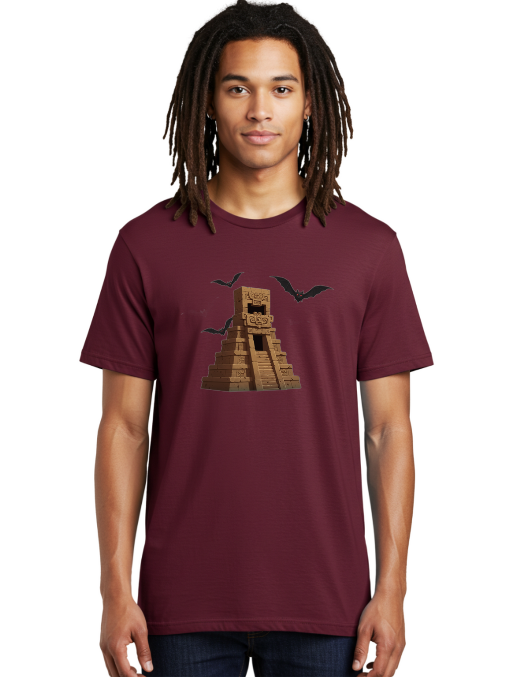 Mayan-Temple Men'S Graphic Tee, 100% Cotton, Comfortable Casual Summer Wear, Machine Washable, Mayan Temple, Ancient Architecture, Mystical Bats, Mysterious Structure, Intricate Carvings, Stairs To The Unknown, Mysterious Eyes, Bad310