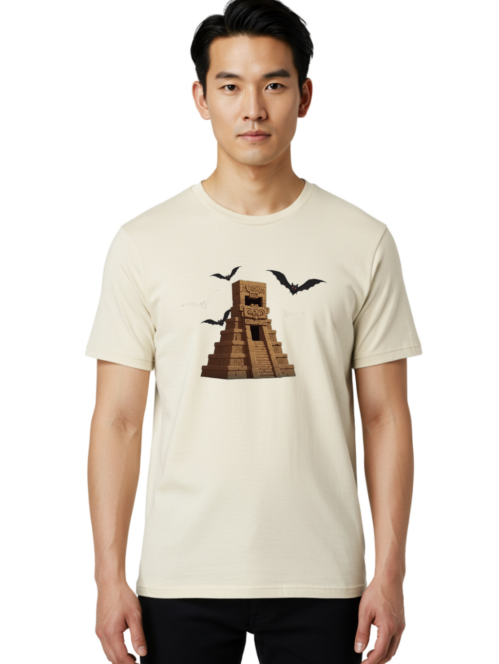 Mayan-Temple Men'S Graphic Tee, 100% Cotton, Comfortable Casual Summer Wear, Machine Washable, Mayan Temple, Ancient Architecture, Mystical Bats, Mysterious Structure, Intricate Carvings, Stairs To The Unknown, Mysterious Eyes, Bad310
