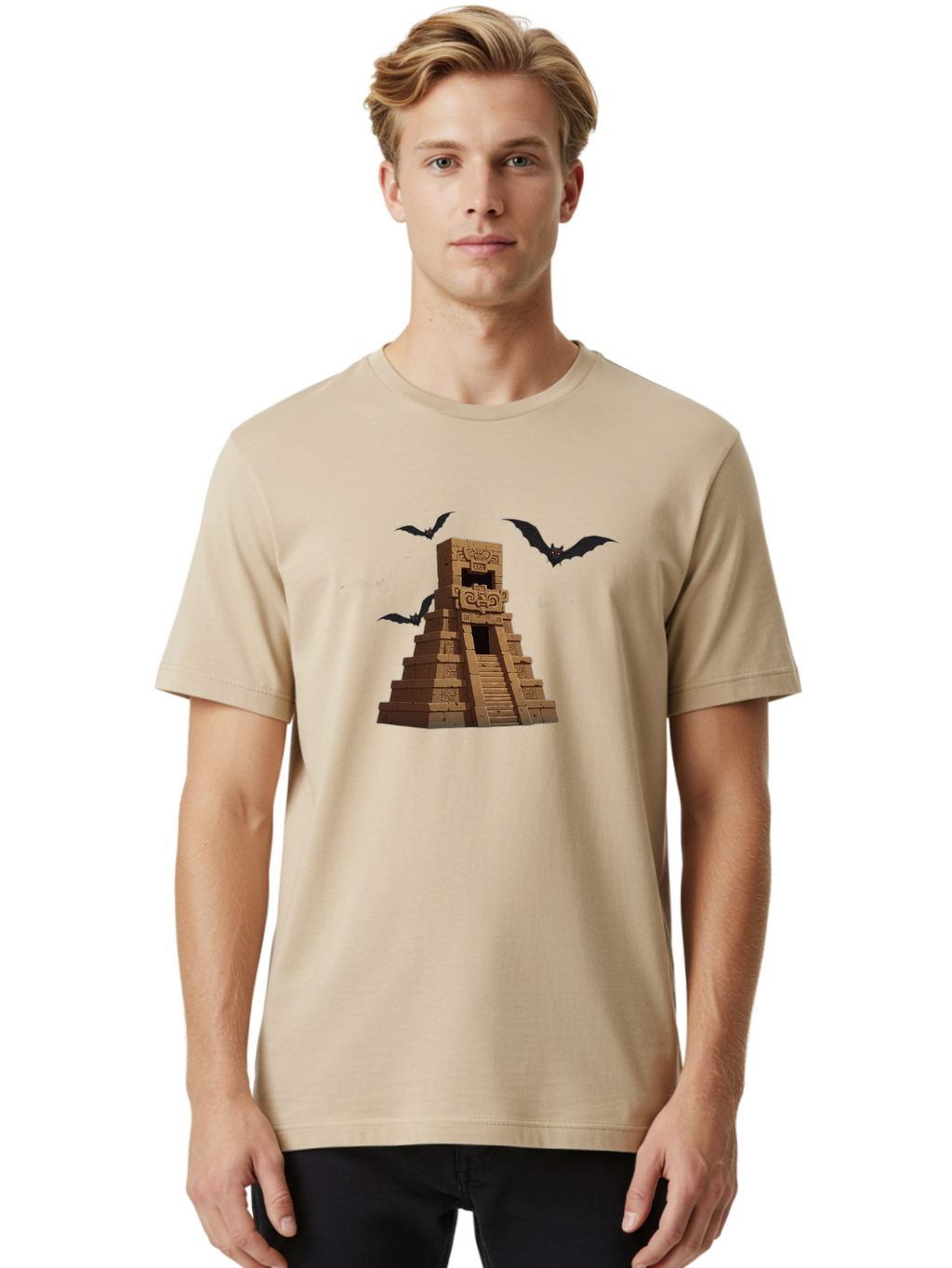 Mayan-Temple Men'S Graphic Tee, 100% Cotton, Comfortable Casual Summer Wear, Machine Washable, Mayan Temple, Ancient Architecture, Mystical Bats, Mysterious Structure, Intricate Carvings, Stairs To The Unknown, Mysterious Eyes, Bad310