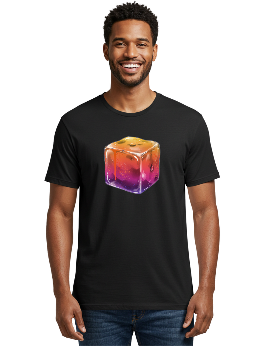 Melting-Ice-Cube Men'S Graphic Tee, 100% Cotton, Comfortable Casual Summer Wear, Machine Washable, Melting Ice Cube, Orange To Purple Gradient, Water Droplets, Melting Effect, Cool Design, Vibrant Colors, Refreshing Feel, Digital Art, Bad311