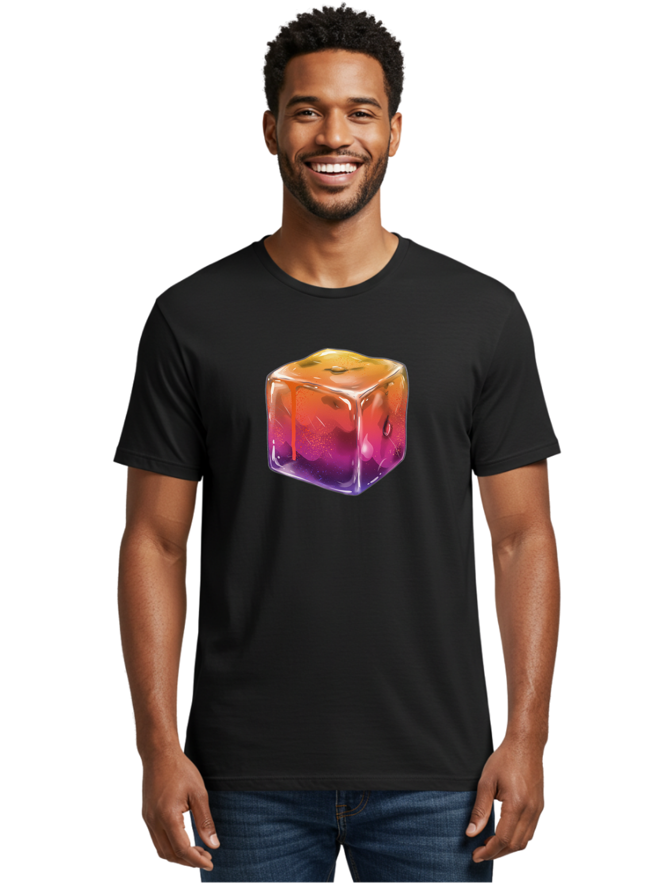Melting-Ice-Cube Men'S Graphic Tee, 100% Cotton, Comfortable Casual Summer Wear, Machine Washable, Melting Ice Cube, Orange To Purple Gradient, Water Droplets, Melting Effect, Cool Design, Vibrant Colors, Refreshing Feel, Digital Art, Bad311