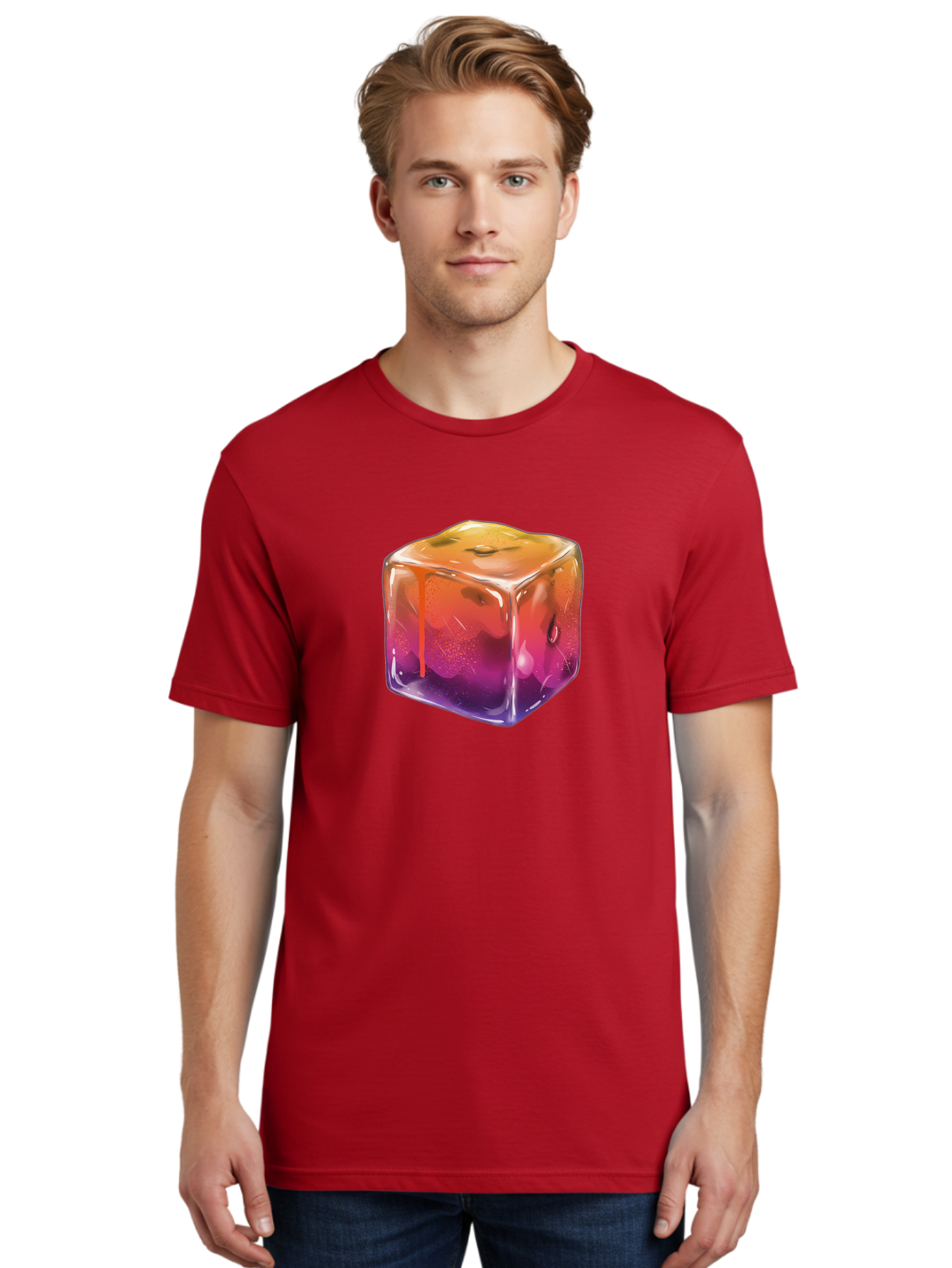 Melting-Ice-Cube Men'S Graphic Tee, 100% Cotton, Comfortable Casual Summer Wear, Machine Washable, Melting Ice Cube, Orange To Purple Gradient, Water Droplets, Melting Effect, Cool Design, Vibrant Colors, Refreshing Feel, Digital Art, Bad311