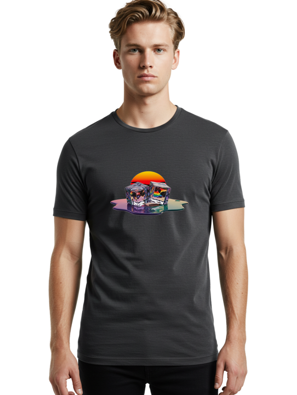 Melting-Ice-Cubes-1 Men'S Graphic Tee, 100% Cotton, Comfortable Casual Summer Wear, Machine Washable, Ice Cubes, Melting Ice, Reflective Surface, Rainbow Colors, Vibrant Sunset, Abstract Art, Cool Design, Futuristic Style, Liquid Splash Bad312