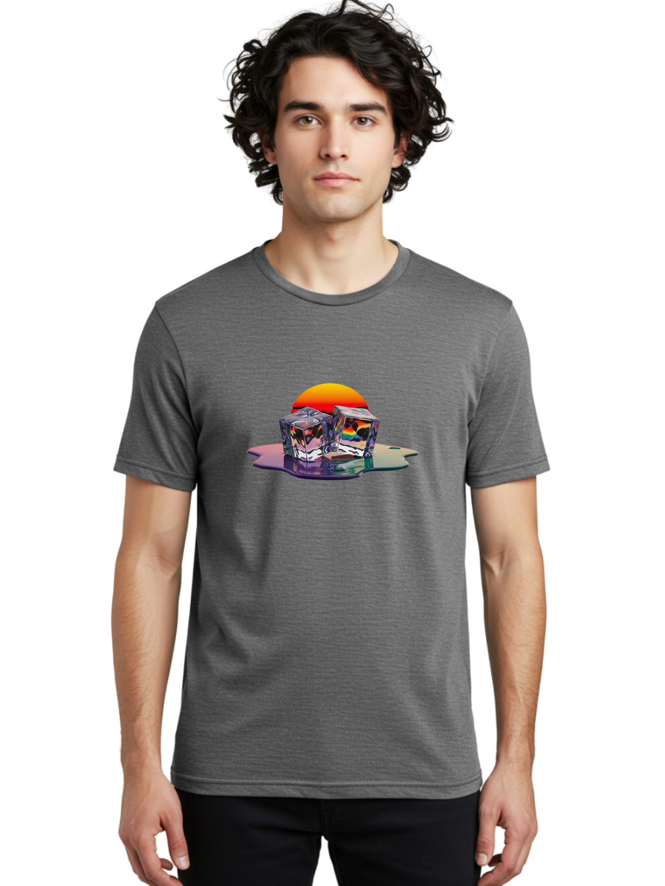 Melting-Ice-Cubes-1 Men'S Graphic Tee, 100% Cotton, Comfortable Casual Summer Wear, Machine Washable, Ice Cubes, Melting Ice, Reflective Surface, Rainbow Colors, Vibrant Sunset, Abstract Art, Cool Design, Futuristic Style, Liquid Splash Bad312