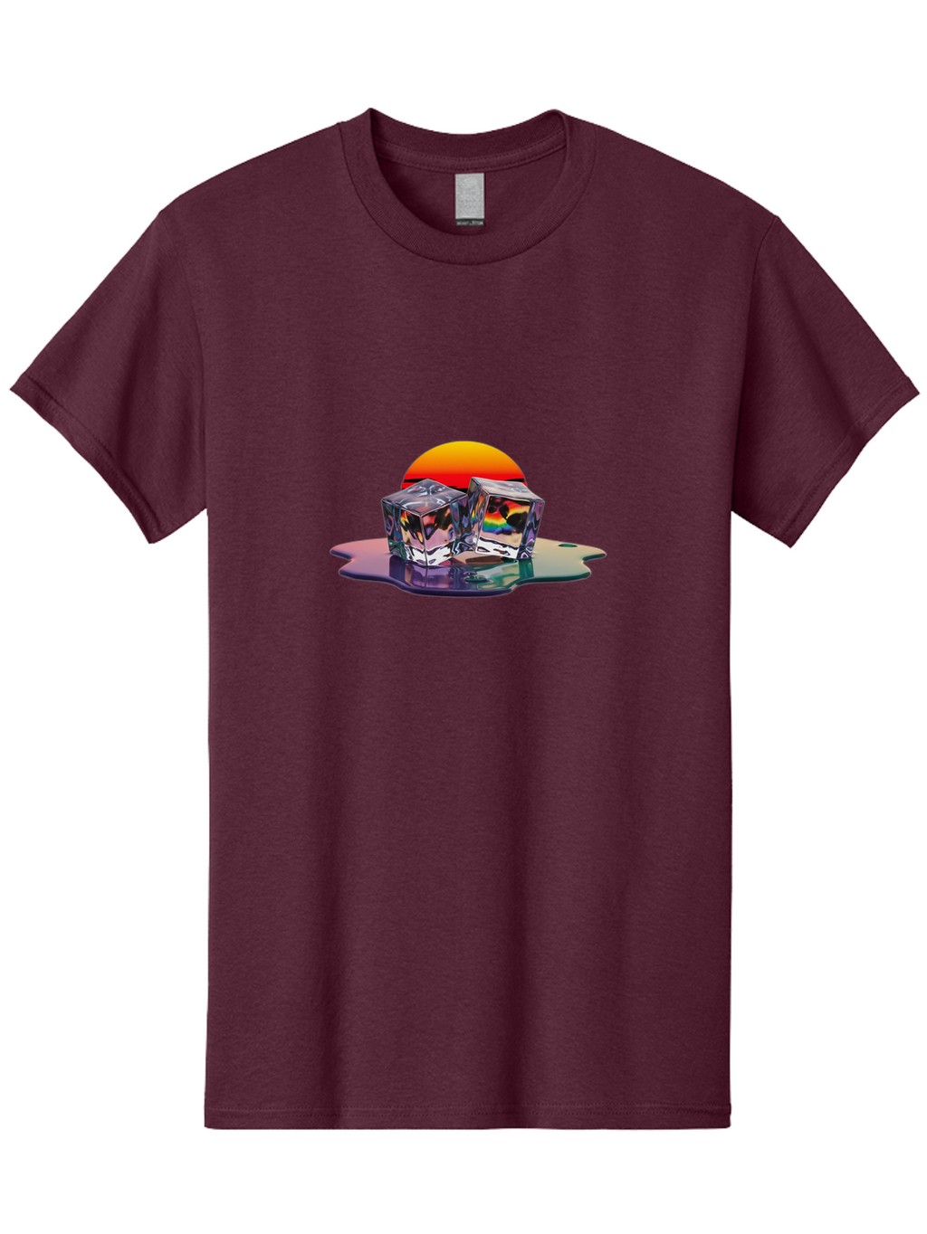 Melting-Ice-Cubes-1 Men'S Graphic Tee, 100% Cotton, Comfortable Casual Summer Wear, Machine Washable, Ice Cubes, Melting Ice, Reflective Surface, Rainbow Colors, Vibrant Sunset, Abstract Art, Cool Design, Futuristic Style, Liquid Splash Bad312