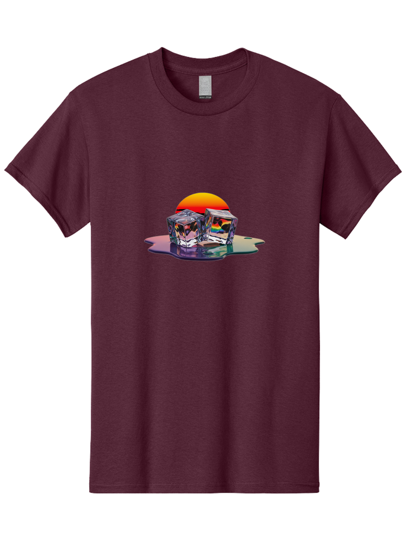 Melting-Ice-Cubes-1 Men'S Graphic Tee, 100% Cotton, Comfortable Casual Summer Wear, Machine Washable, Ice Cubes, Melting Ice, Reflective Surface, Rainbow Colors, Vibrant Sunset, Abstract Art, Cool Design, Futuristic Style, Liquid Splash Bad312