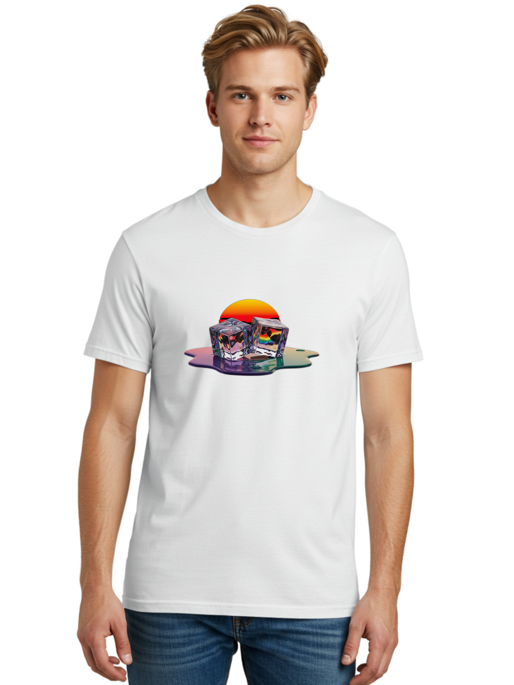 Melting-Ice-Cubes-1 Men'S Graphic Tee, 100% Cotton, Comfortable Casual Summer Wear, Machine Washable, Ice Cubes, Melting Ice, Reflective Surface, Rainbow Colors, Vibrant Sunset, Abstract Art, Cool Design, Futuristic Style, Liquid Splash Bad312