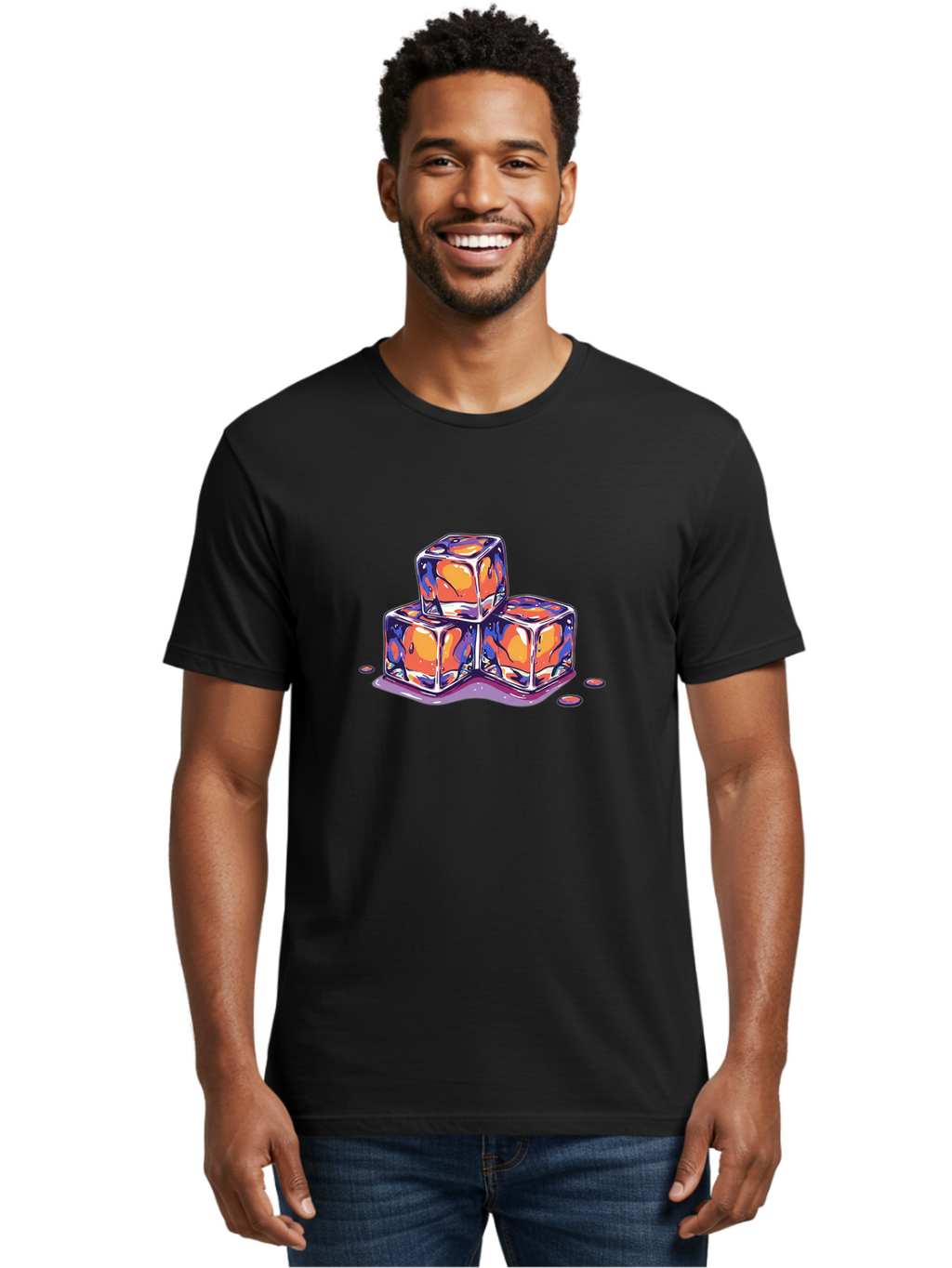 Melting-Ice-Cubes-2 Men'S Graphic Tee, 100% Cotton, Comfortable Casual Summer Wear, Machine Washable, Ice Cubes, Melting Ice, Orange And Blue Swirls, Abstract Design, Liquid Droplets, Colorful Illustration, Vibrant Colors, Refreshing Theme, Bad313