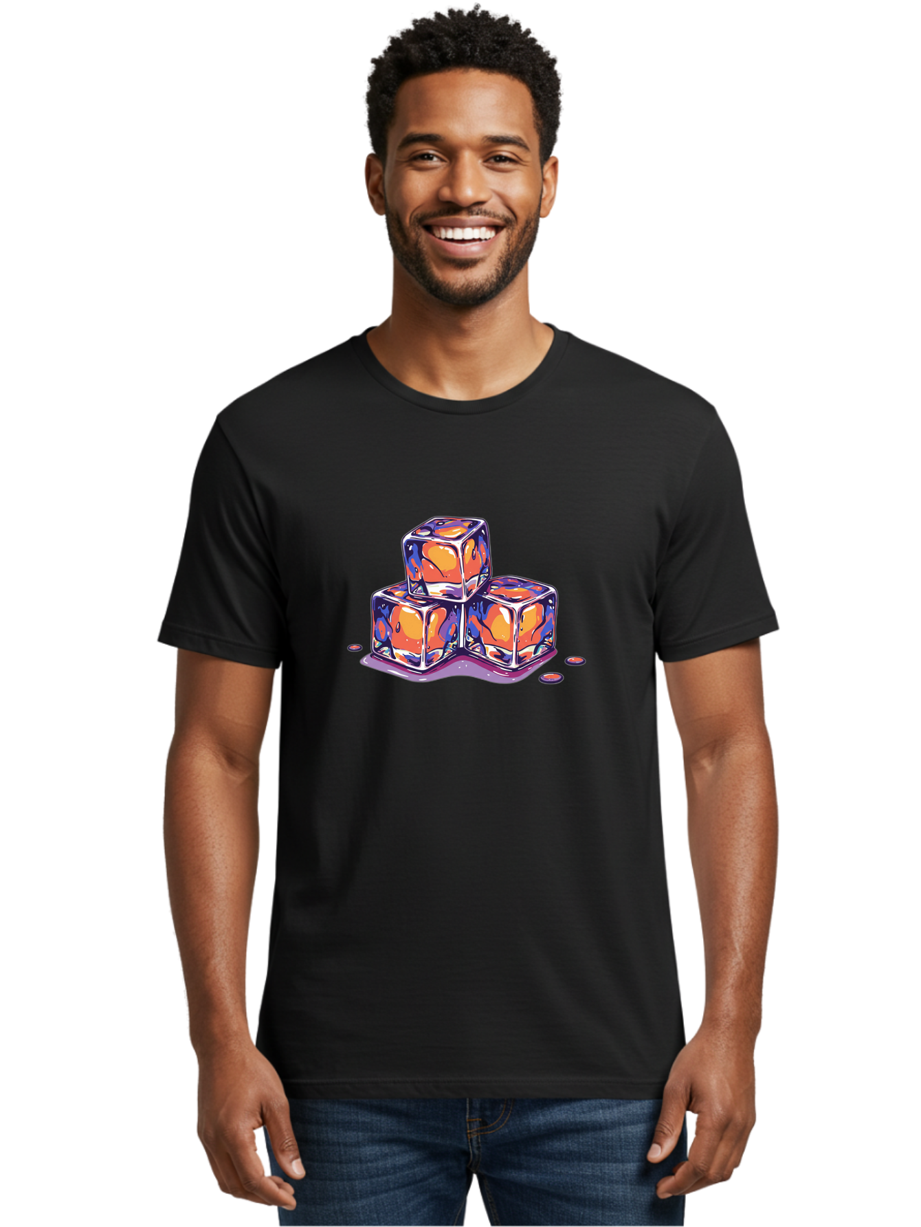 Melting-Ice-Cubes-2 Men'S Graphic Tee, 100% Cotton, Comfortable Casual Summer Wear, Machine Washable, Ice Cubes, Melting Ice, Orange And Blue Swirls, Abstract Design, Liquid Droplets, Colorful Illustration, Vibrant Colors, Refreshing Theme, Bad313