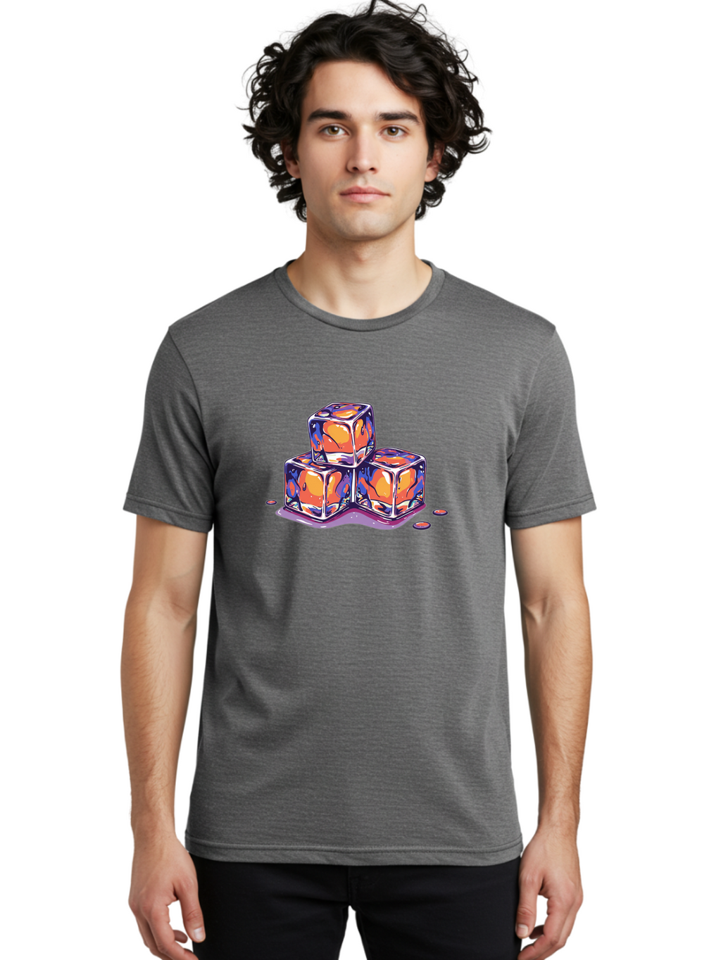 Melting-Ice-Cubes-2 Men'S Graphic Tee, 100% Cotton, Comfortable Casual Summer Wear, Machine Washable, Ice Cubes, Melting Ice, Orange And Blue Swirls, Abstract Design, Liquid Droplets, Colorful Illustration, Vibrant Colors, Refreshing Theme, Bad313