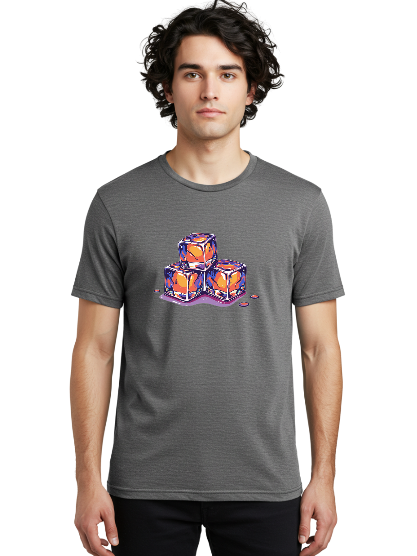 Melting-Ice-Cubes-2 Men'S Graphic Tee, 100% Cotton, Comfortable Casual Summer Wear, Machine Washable, Ice Cubes, Melting Ice, Orange And Blue Swirls, Abstract Design, Liquid Droplets, Colorful Illustration, Vibrant Colors, Refreshing Theme, Bad313