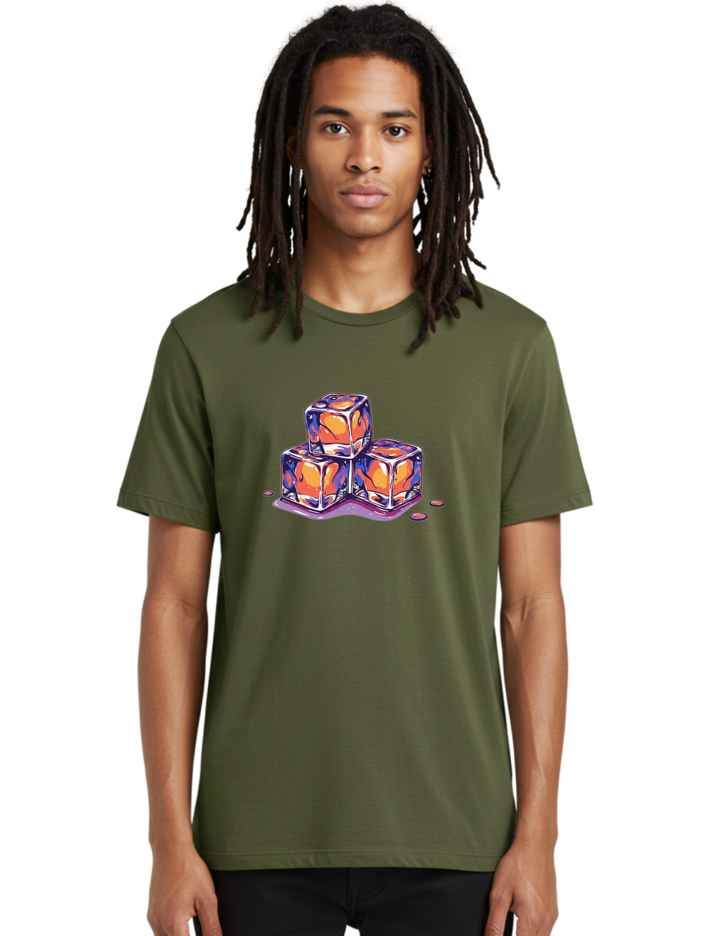 Melting-Ice-Cubes-2 Men'S Graphic Tee, 100% Cotton, Comfortable Casual Summer Wear, Machine Washable, Ice Cubes, Melting Ice, Orange And Blue Swirls, Abstract Design, Liquid Droplets, Colorful Illustration, Vibrant Colors, Refreshing Theme, Bad313